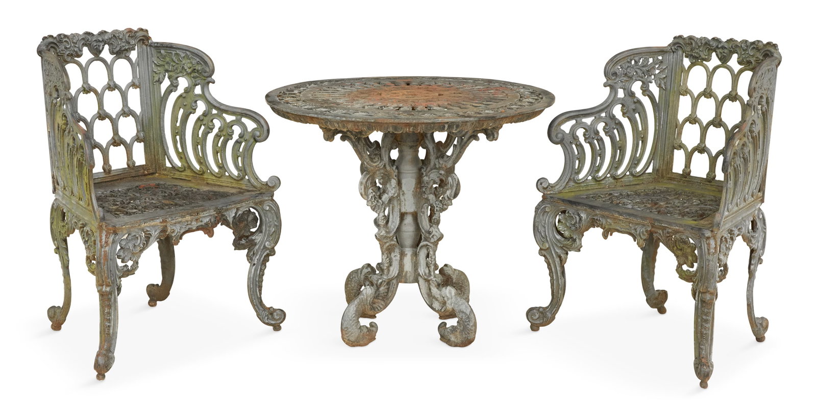 Three-Piece Cast-Iron Garden Suite: Three-Piece Cast-Iron Garden Suite 20th century, including a pair of rococo-style armchairs with Gothic arched and pierced backs, scroll-pierced arms and seats, and raised on cabriole legs, h. 34-1/2"