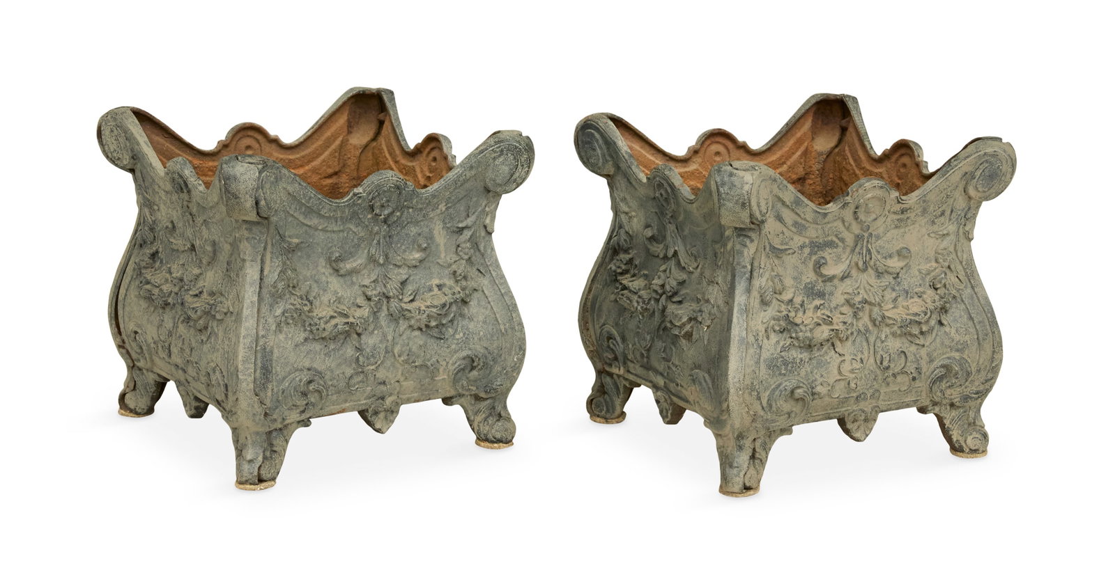 Pair of Cast-Iron Planters: Pair of Cast-Iron Planters 19th century, the planters with serpentine edges and ogee sides molded with swags of roses, scrollwork and anthemia, raised on short cabriole feet. h 13-1/4", w. 13-3/4",