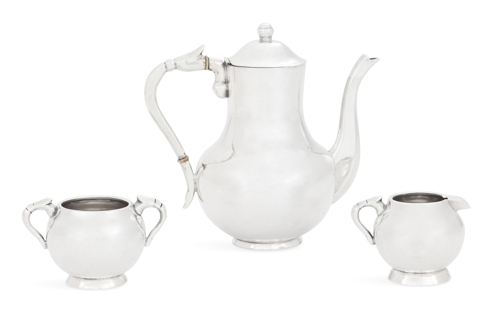 Mexican Sterling Silver Demitasse Set: Mexican Sterling Silver Demitasse Set mid-20th century, maker MC for Sanborn Hermanos, Mexico City, including: a coffeepot, h. 7-3/4 ", l. 8"; an open sugar bowl, h. 3", w. 4-1/2"; and a cream jug, h.