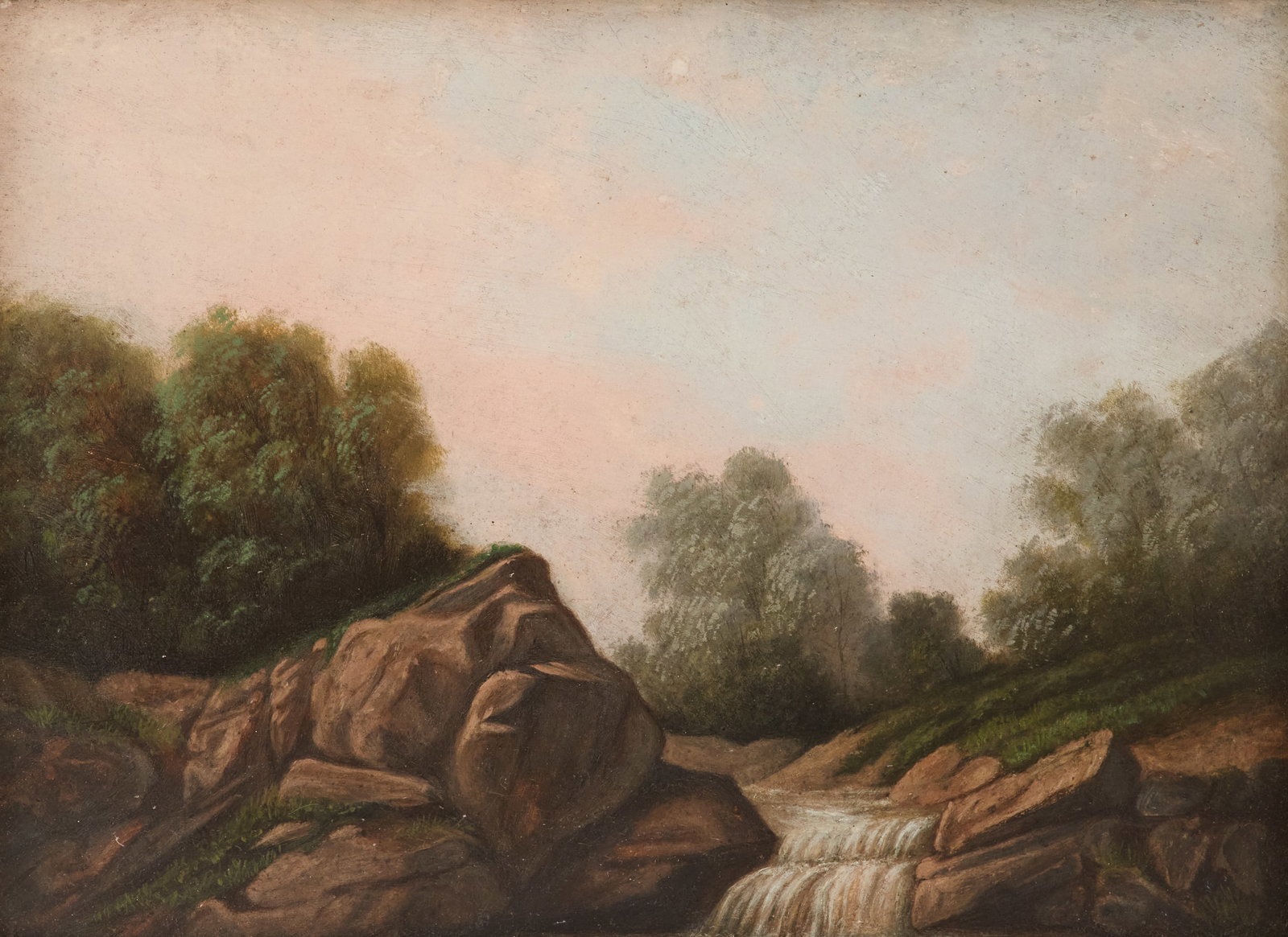 Attr. to George D. Coulon (French/LA, 1822-1904): Attributed to George David Coulon (French/Louisiana, 1822-1904) "Rocky Stream" oil on artist's board unsigned, and partial "F.W. Devoe & Co. Academy Board, New York" label and authentication label fro