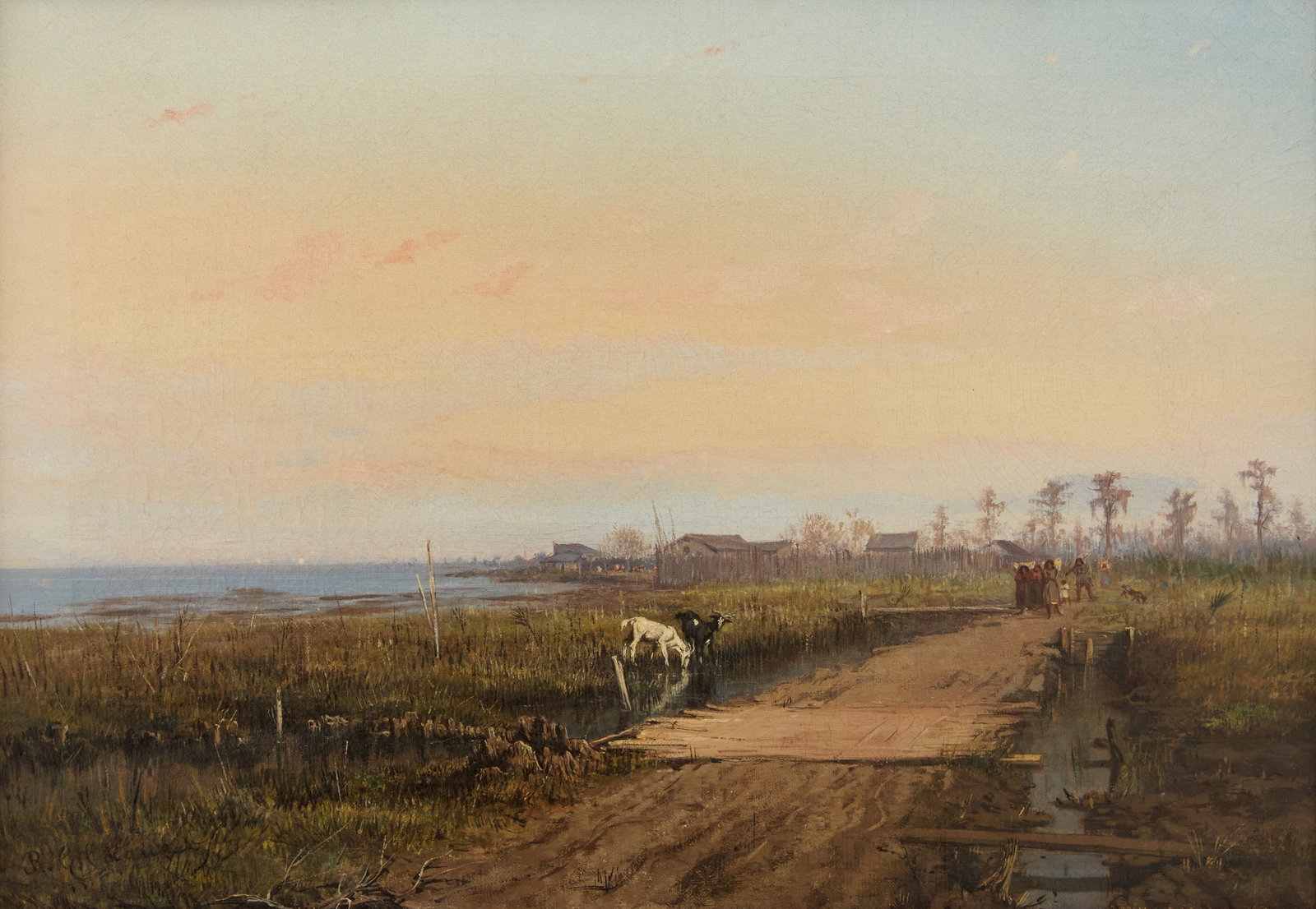 Richard Clague (French/Louisiana, 1821-1873): Richard Clague (French/Louisiana, 1821-1873) "Choctaw Indians on Shore of Lake Pontchartrain" oil on canvas signed "R. Claque" lower left, with a New Orleans Museum of Art "Richard Clague: 1821-1873" 