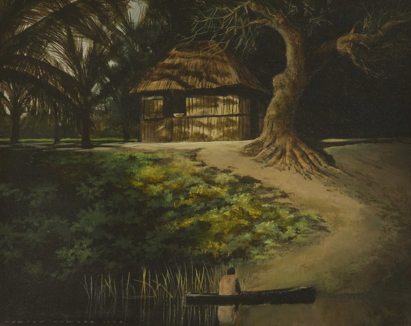 Newton Reeve Howard (US/Louisiana, 1912-1984): Newton Reeve Howard (American/Louisiana, 1912-1984) "Belize" oil on canvas signed lower left. Framed. 16" x 20", framed 19-1/8" x 23" Notes: The United Fruit Company and Port of New Orleans have been 