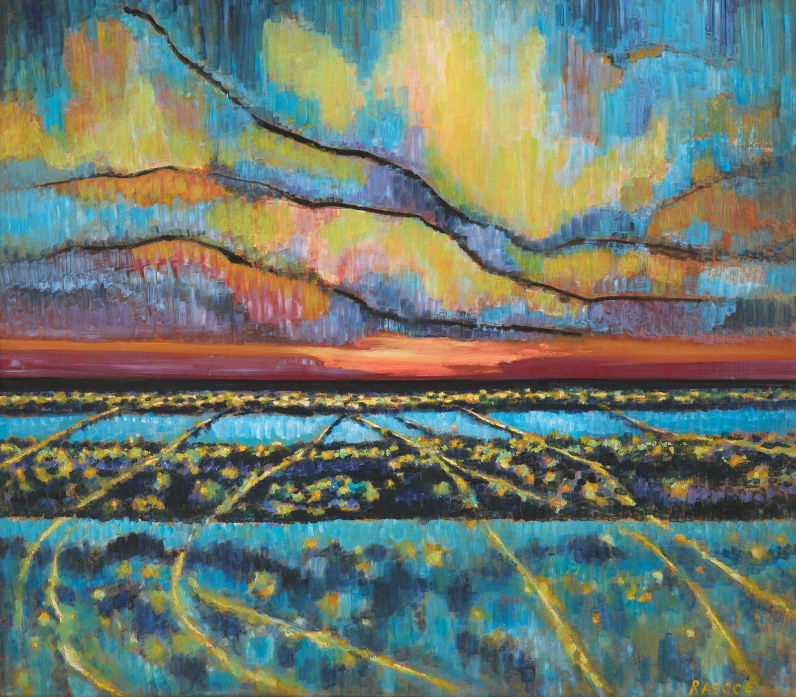 Stephen Thomas Rascoe (US/Texas, 1924-2008): Stephen Thomas Rascoe (American/Texas, 1924-2008) "Untitled - Field" oil on masonite signed lower right. Framed. 42" x 48", framed 50" x 55-1/2" Notes: Stephen Rascoe was a Texan through and through, 