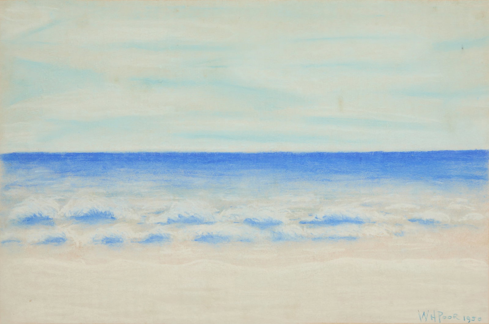 Henry Varnum Poor (US/California, 1887-1970): Henry Varnum Poor (American/California, 1887-1970) "The Beach", 1950 pastel on paper signed "W.H. Poor" and dated lower right. Float-mounted, glazed and framed. image 8-1/2" x 12-1/2", framed 12-1/2" 