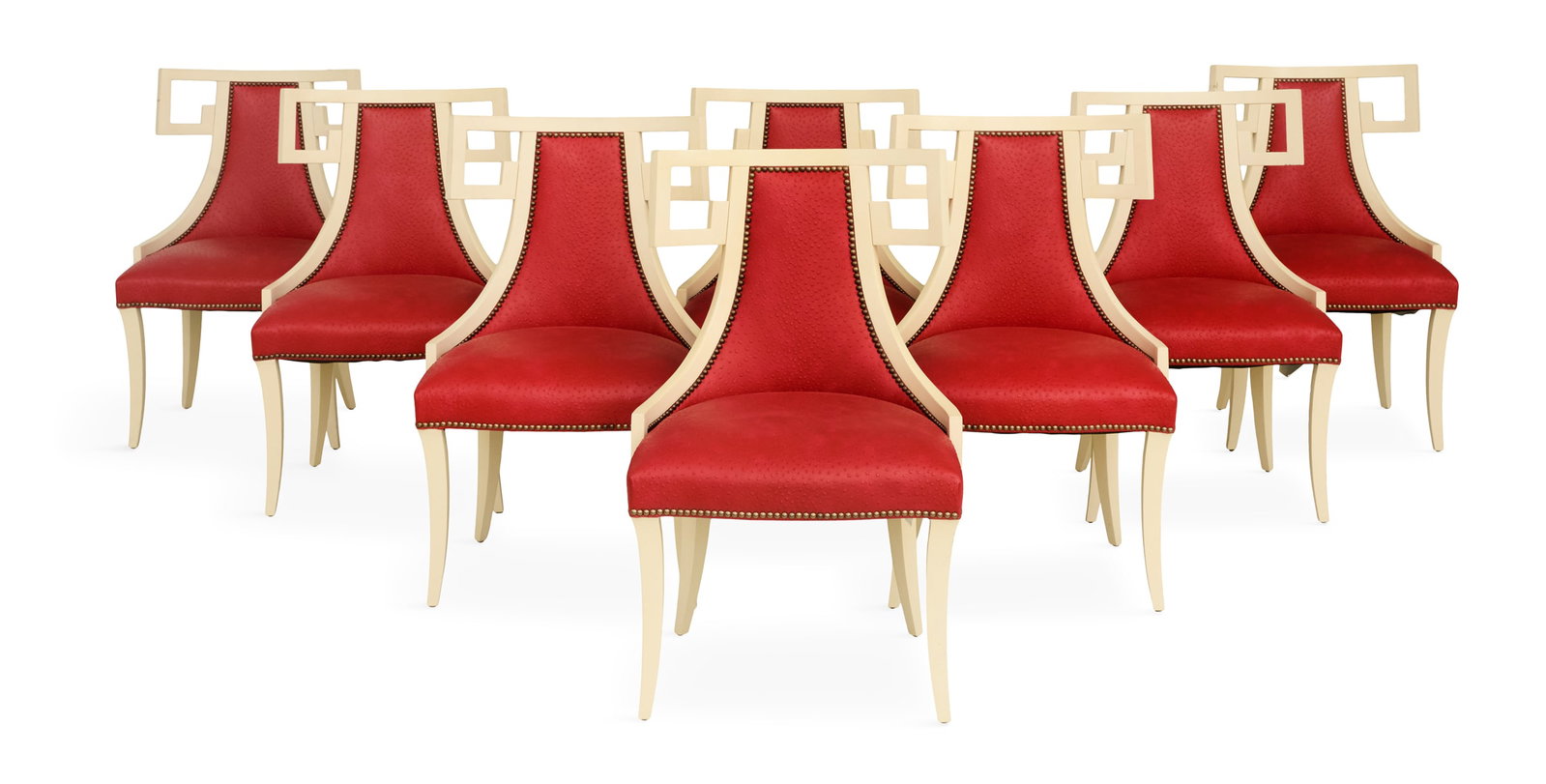 Suite of Eight Creme-Peinte Chairs: Suite of Eight Creme-Peinte Chairs in the Art Deco taste, by Baker Furniture, custom covered in faux ostrich leather and trimmed with brass tacks. h. 34-3/4", seat h. 18", w. 22-1/2", d. 20"