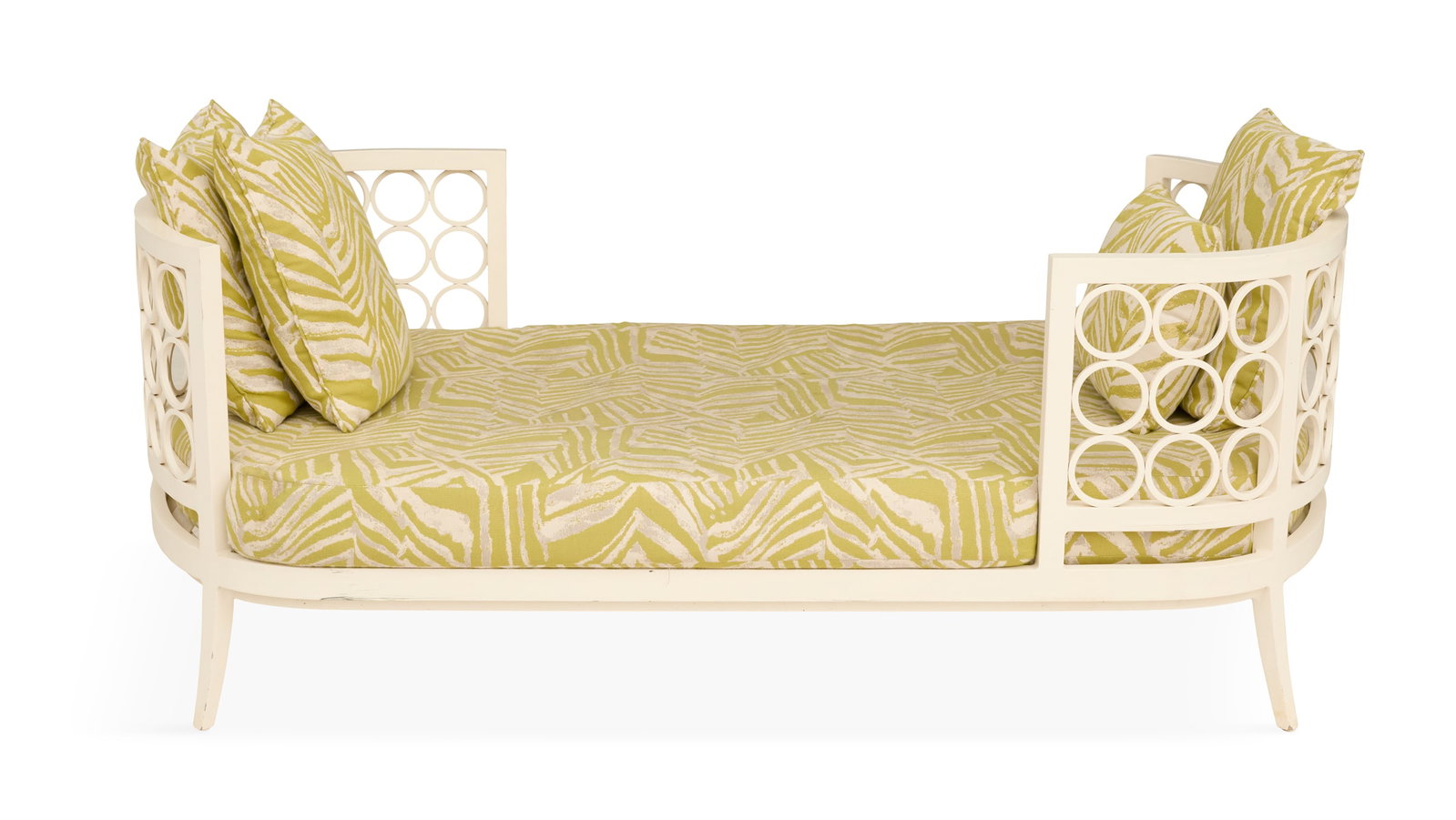 Brown Jordan "Luna" Day Bed: Brown Jordan "Luna" Day Bed 20th century, designed by Michael Berman, the white metal day bed with rounded ends with circular pierced panels, on short sabre legs, with lime green and white cushions. h