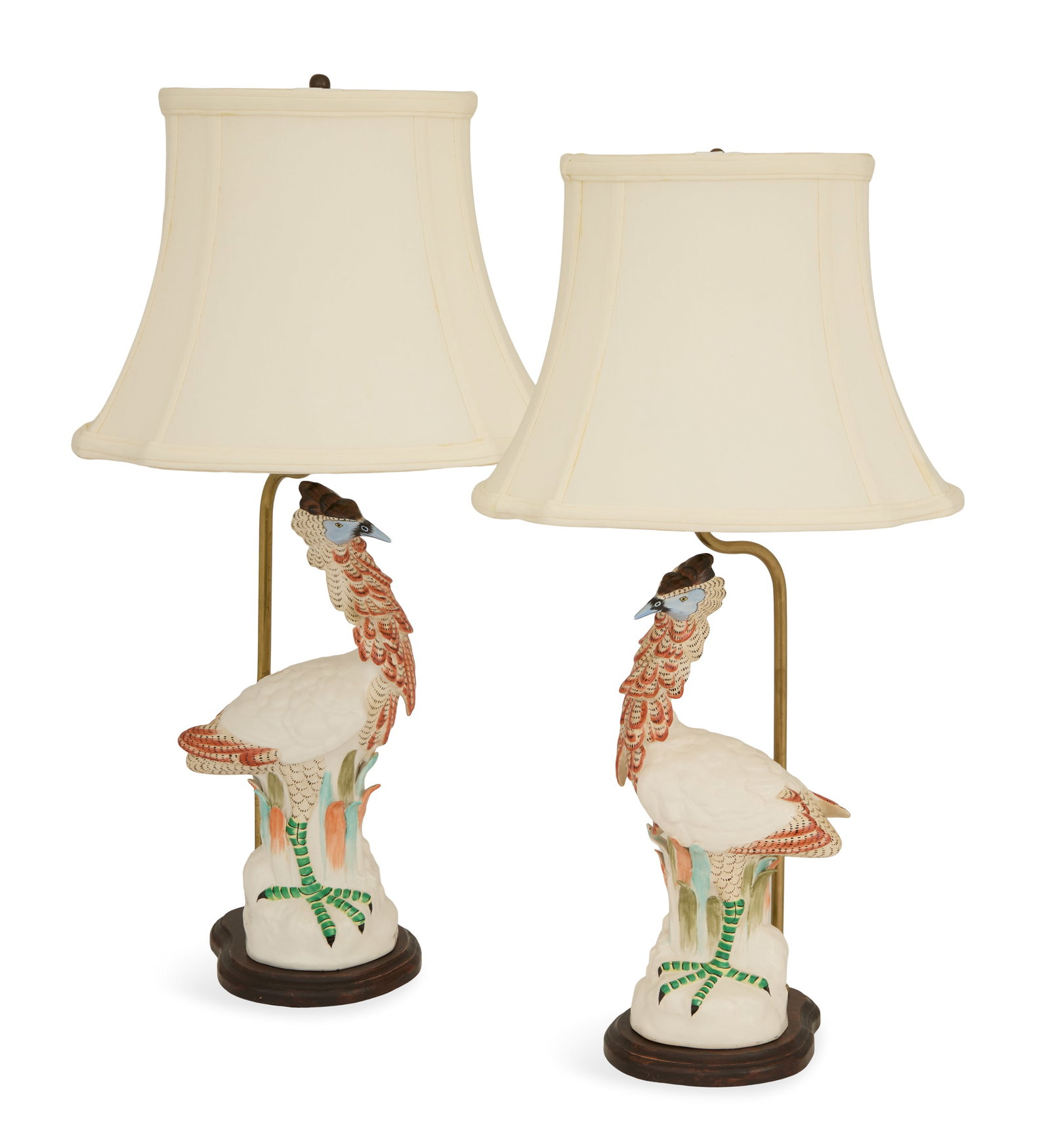 Pair of Mottahedeh Porcelain Bird Lamps: Pair of Mottahedeh Porcelain Bird Lamps 20th century, the polychrome-decorated exotic birds on wooden bases with brass mounts, fitted with lampshades. h. 23-1/2", w. 12-1/2", d. 10-1/4"