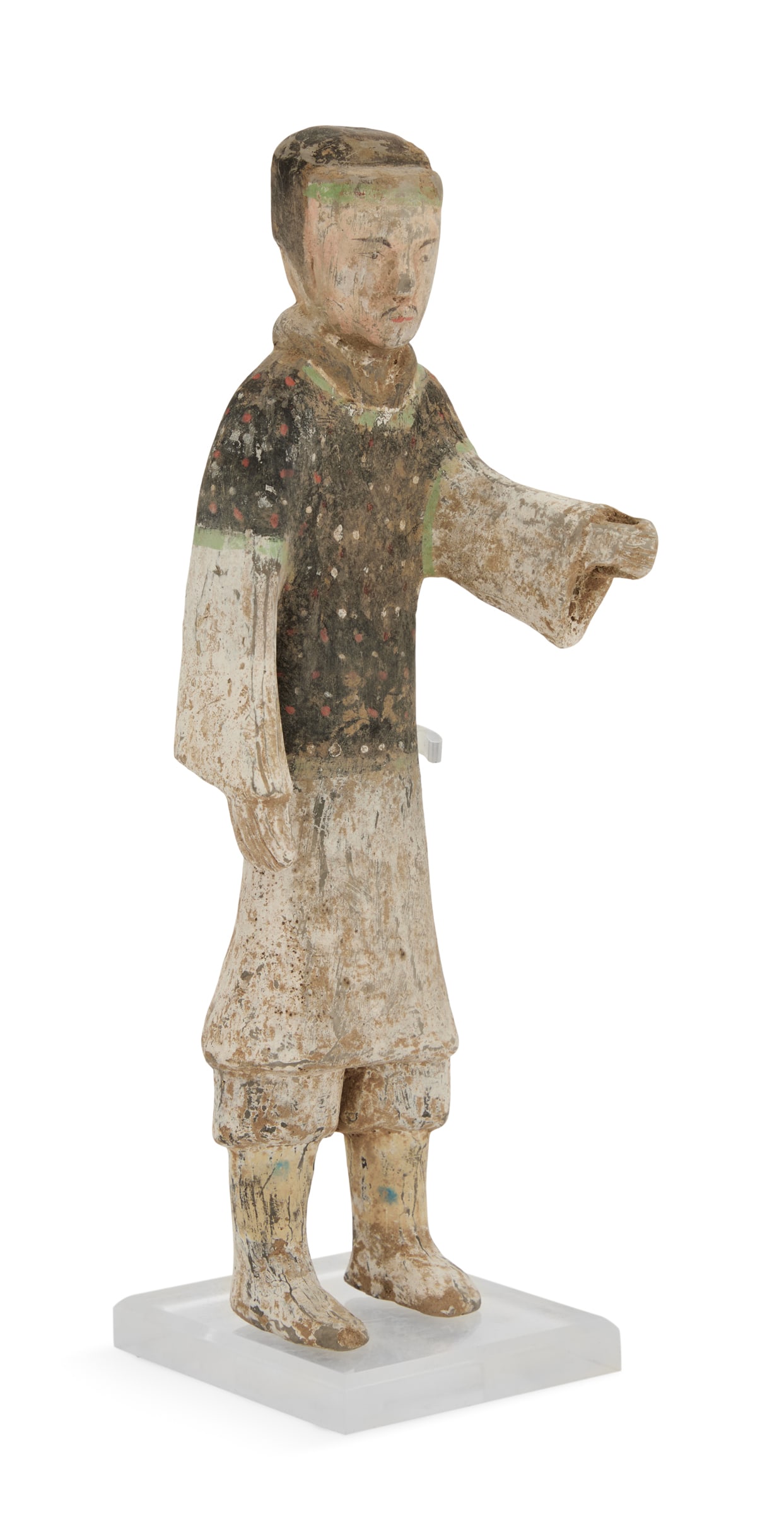 Chinese Painted Terracotta Warrior Figure: Chinese Painted Terracotta Warrior Figure possibly Han Dynasty (206 BC-220 AD), the funerary "mud man" figure in a costume of the period, on an acrylic stand. h. 9-3/4", w. 2-3/4", d. 3" Provenance: E