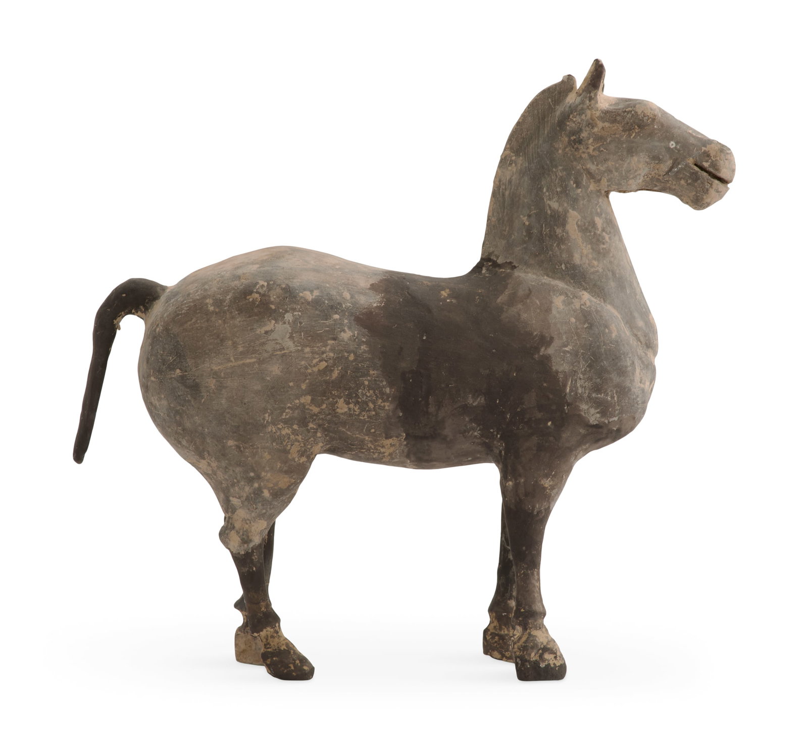 Chinese Painted Terracotta Horse: Chinese Painted Terracotta Horse possibly Tang Dynasty (618-907), the funerary figure retaining remnants of paint, poised on a rectangular plinth. h. 10-3/4", w. 9-1/4", d. 4" Provenance: Estate of Pa