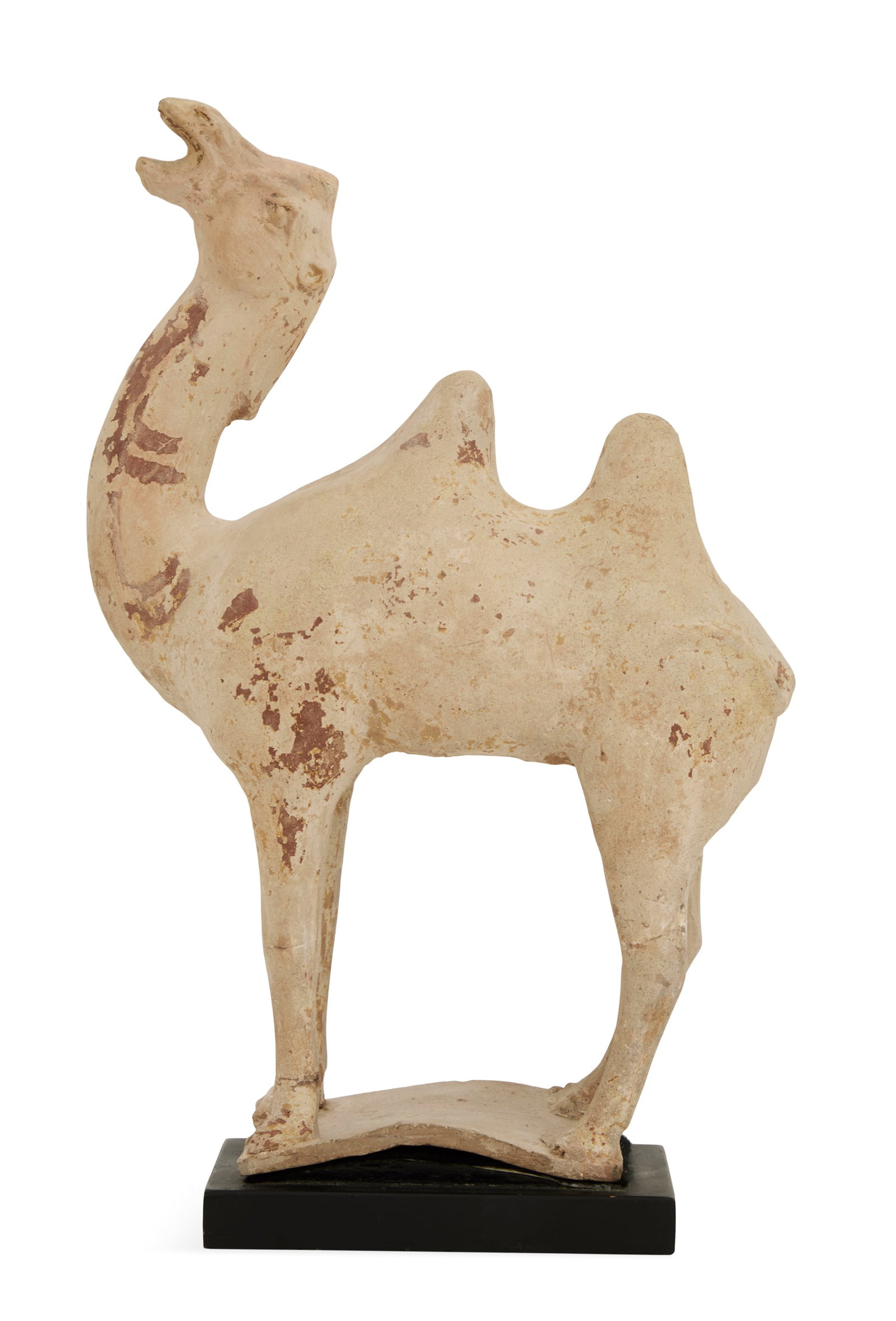 Chinese Painted Terracotta Camel: Chinese Painted Terracotta Camel possibly Tang Dynasty (618-907), the funerary figure on a carved plinth. h. 13-1/4", w. 9-1/2", d. 4" Provenance: Estate of Patricia Brady, New Orleans, Louisiana.