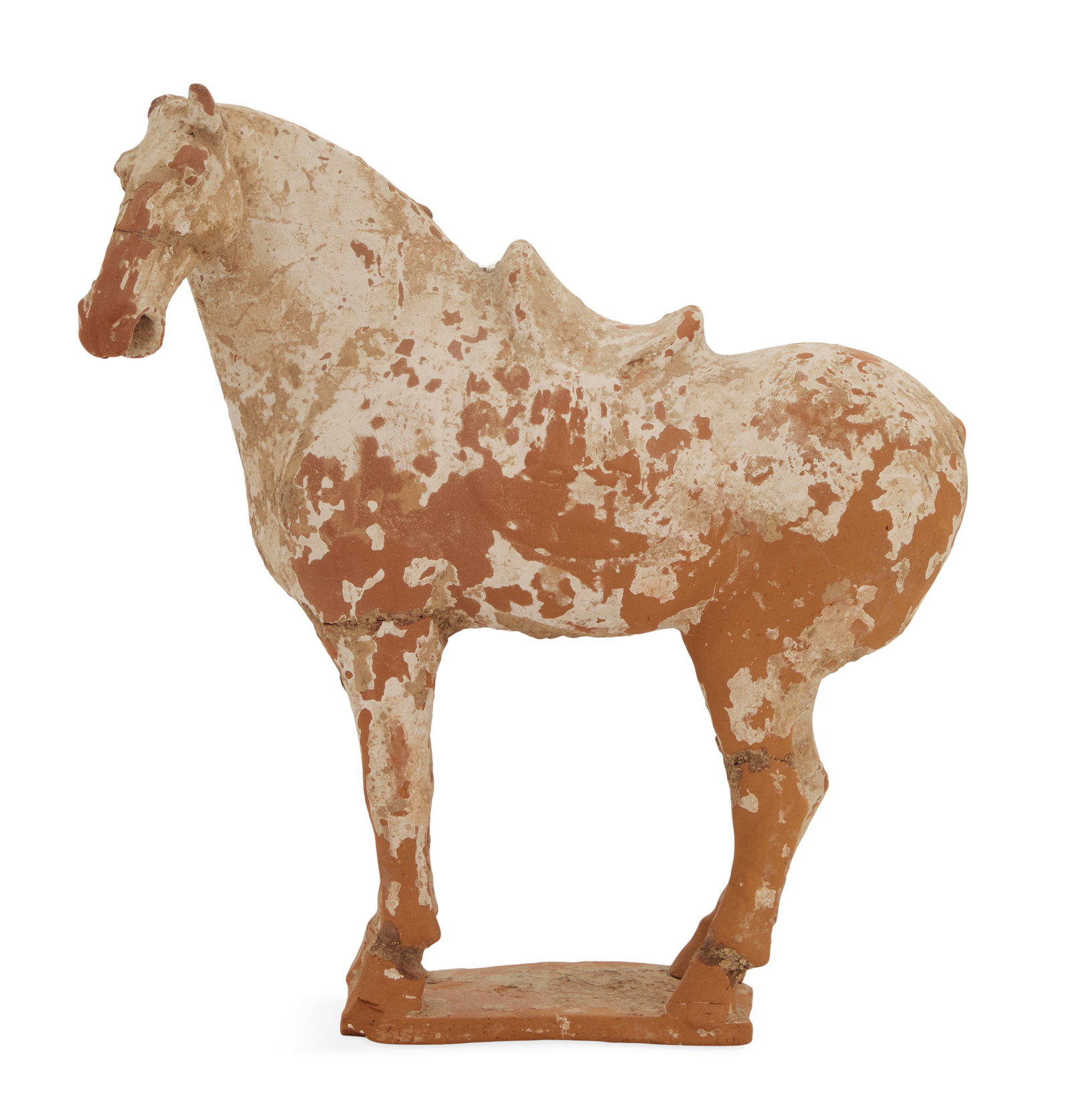Chinese Painted Pottery Horse: Chinese Painted Pottery Horse possibly Han Dynasty (206 BC-220 AD), the funerary figure with a mottled gray surface. h. 12-1/4", w. 11-3/4", d. 3-1/2" Provenance: Estate of Patricia Brady, New Orleans