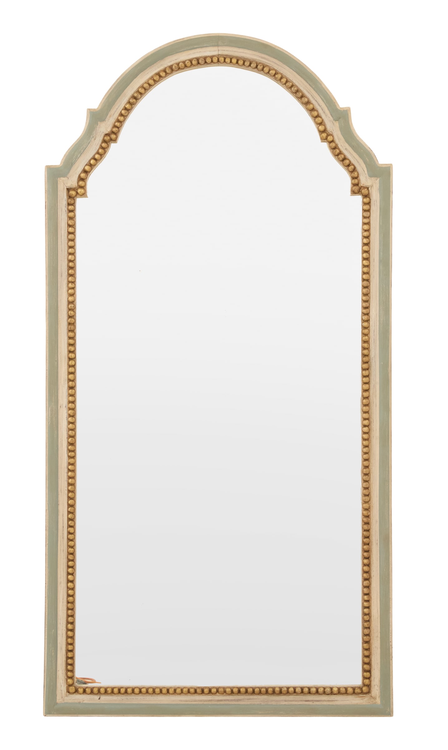 Painted and Parcel-Gilt Mirror: Painted and Parcel-Gilt Mirror of Louis XIV Inspiration 20th century, the molded surround with an arched crest, painted blue/gray and white, accented with giltwood beading. h. 75", w. 39-1/4"