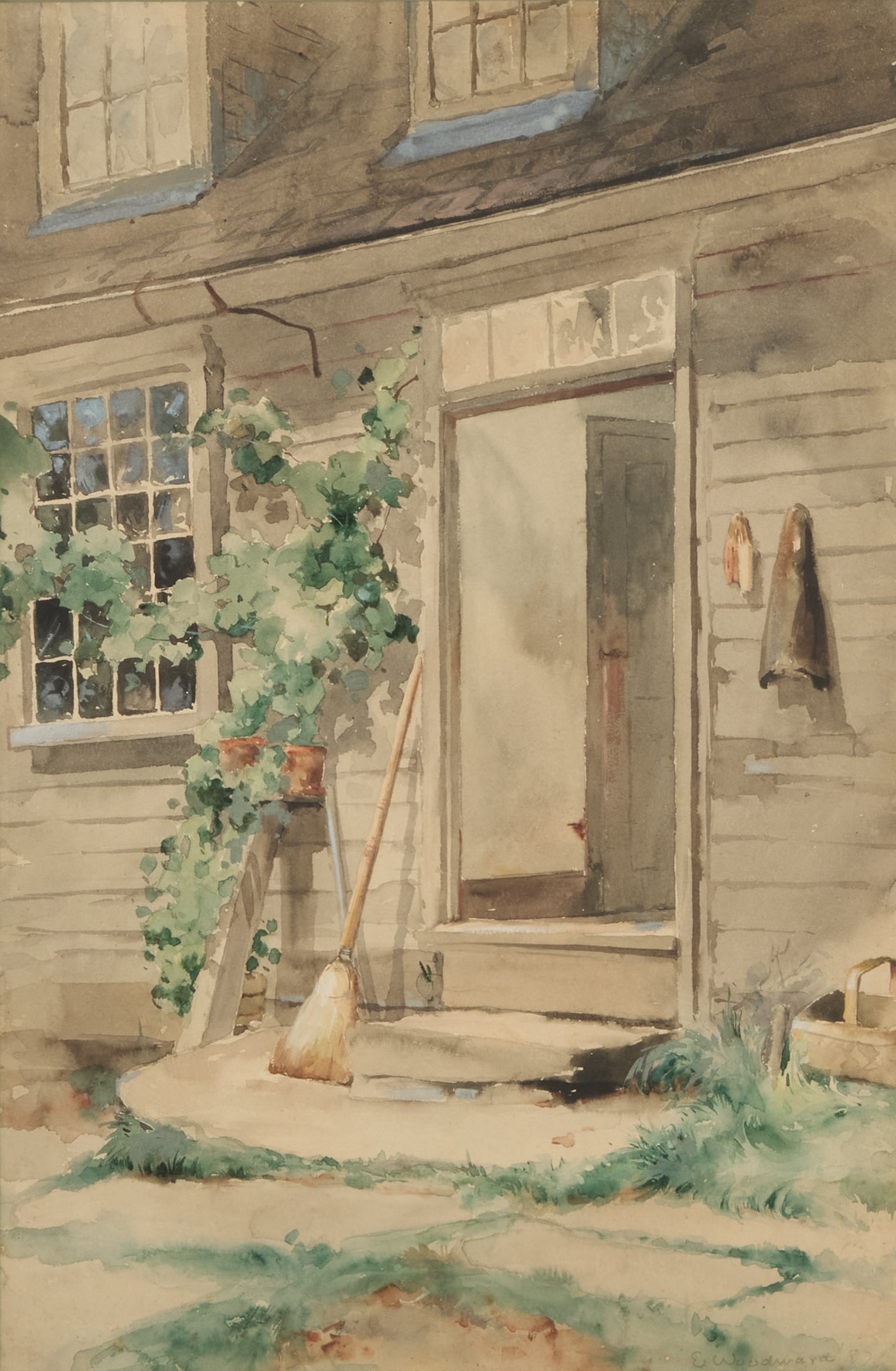 Ellsworth Woodward (US/Louisiana, 1861-1939): Ellsworth Woodward (American/Louisiana, 1861-1939) "Back Door, Woodward Home in Massachusetts" watercolor on paper pencil-signed lower right. Matted, glazed and framed. 17-1/2" x 11-1/2", framed 24" x