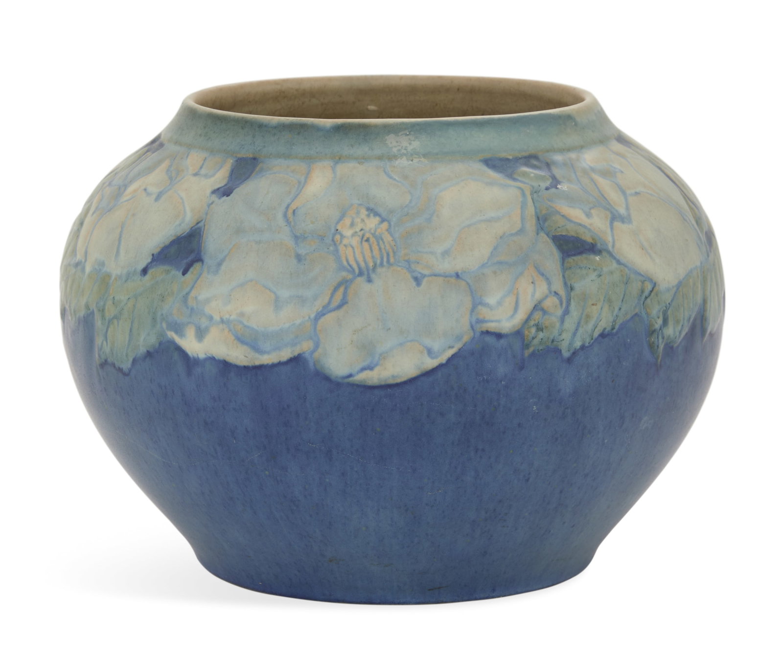 Newcomb College Pottery Vase: Newcomb College Pottery Vase, Anna Frances Simpson 1930, matte glaze, impressed "AFS", "JM", "NC", "SN 28", "49" and illegible pencil inscription, the deep blue body with voluptuous magnolia blossoms 