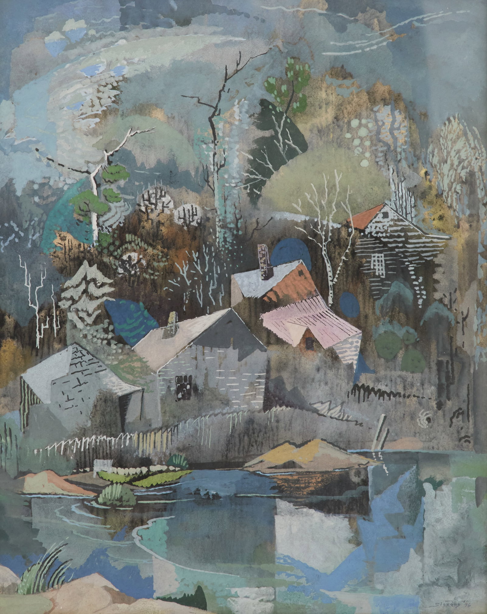 Will Henry Stevens (US/Louisiana, 1881-1949): Will Henry Stevens (American/Louisiana, 1881-1949) "Cabins by the Shore", 1946 pastel on paper signed and dated lower left. Glazed and framed. sight 19-1/2" x 15-1/2", framed 23" x 18-1/2" Provenance: