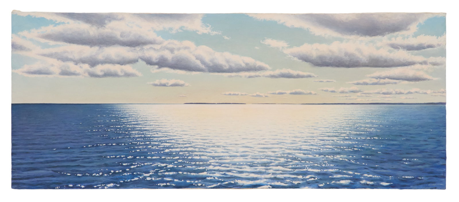 Sam Minot (US/New Orleans, b. 1962): Sam Minot (American/New Orleans, b. 1962) "Rigolets", 1992 oil on canvas signed lower right, and signed, titled and dated en verso. Unframed. 22" x 54" Notes: Self-taught artist Sam Minot visits New O