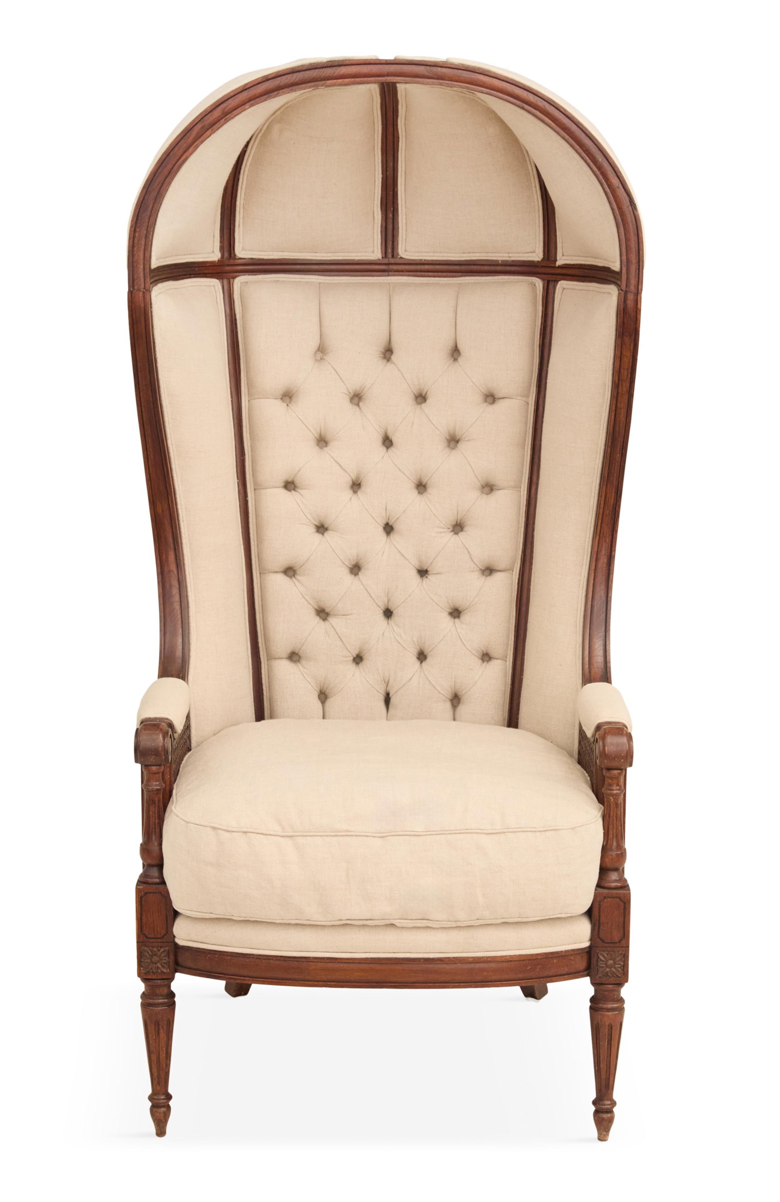 Louis XVI-Style Fruitwood Porter's Chair: Louis XVI-Style Fruitwood Porter's Chair of traditional form, the paneled, padded and domed hood above a tufted, paneled back, joined by padded and caned sides to the cushioned seat, raised on fluted,