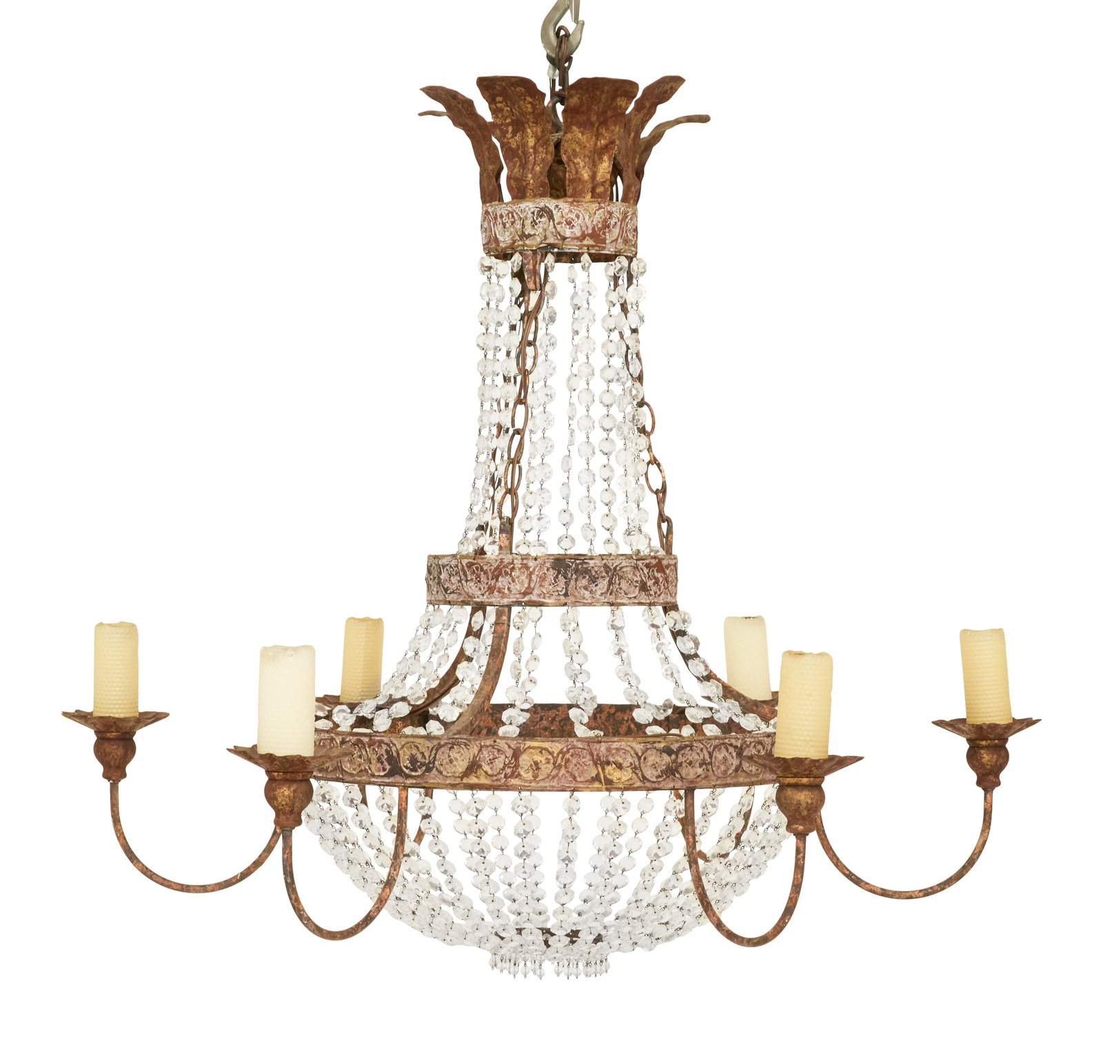 Niermann Weeks / Visual Comfort "Lyon" Chandelier: Niermann Weeks for Visual Comfort "Lyon" Chandelier the patinated-metal basket-form guilloche-molded frame with a leaf-molded corona, hung with strands of cut glass prisms, set with curved candle arms