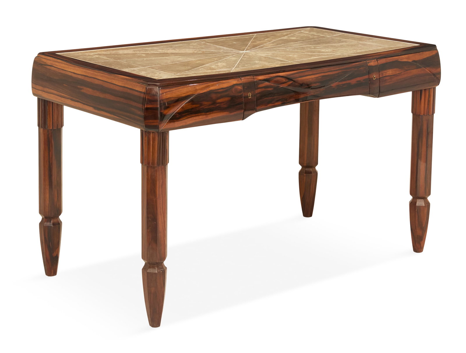 Art Deco Rosewood and Stingray Hide Writing Desk: Interesting Art Deco Rosewood and Stingray Hide Writing Desk early 20th century, the top inset with segmented stingray hides, one side fitted with three drawers, raised on carved octagonal legs. h.