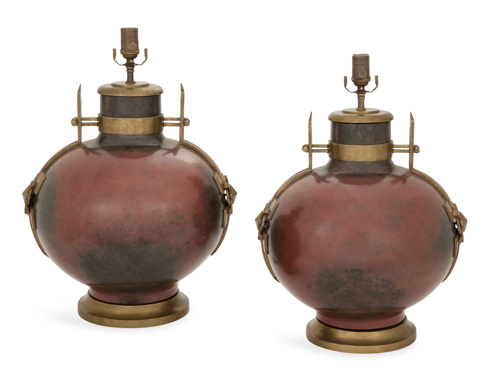 Pair of Dinanderie Brass and Enamel Table Lamps: Pair of Dinanderie Brass and Enamel Table Lamps fourth quarter 20th century, the bulbous terracotta and gray-shaded enamel metal bases with brutalist brass mounts and handles. h. 23-1/2", dia. 10"