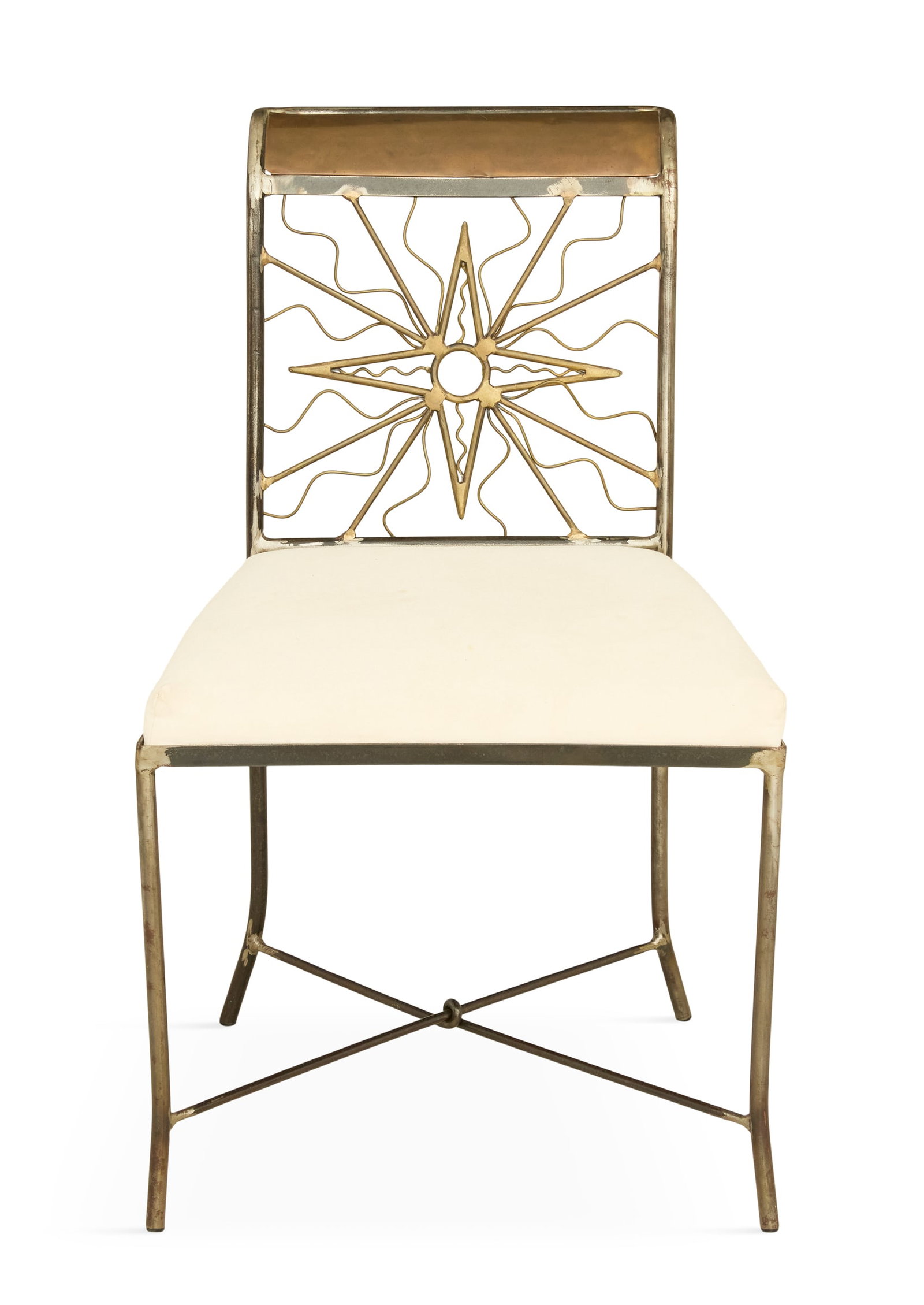 Mario Villa (Nicaraguan/Louisiana, 1953-2021): Mario Villa (Nicaraguan/Louisiana, 1953-2021) "Starburst Chair", 1991 iron and mixed metals signed and dated along back seat edge. h. 34-1/2", w. 21" Provenance: Sourced by Bremermann Designs, New