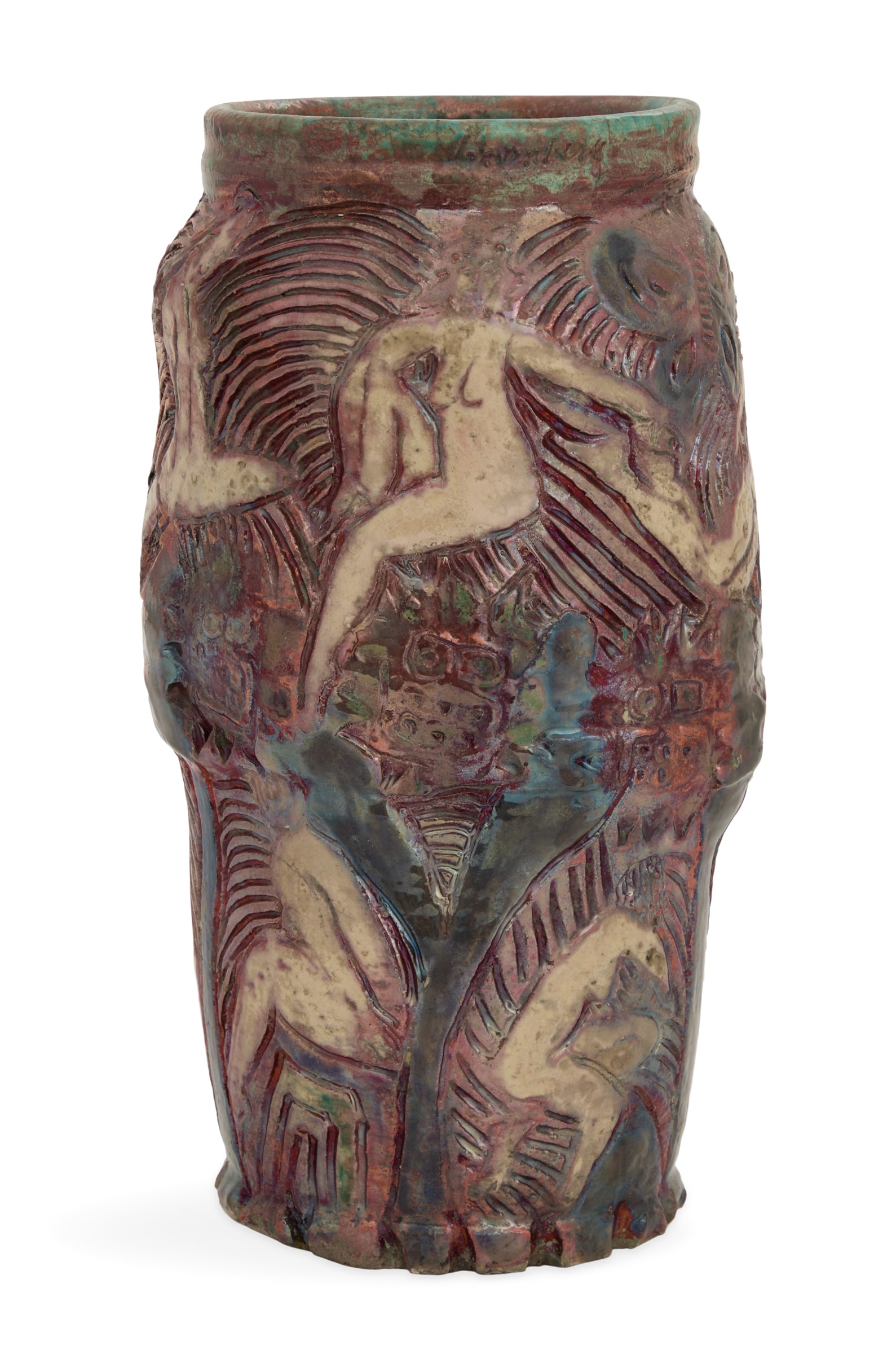 JoAnn Greenberg (US/Louisiana, 1928-2013): JoAnn Greenberg (American/Louisiana, 1928-2013) "Dancing Figures", 1997/1998 glazed pottery incised signature and dated at bottom. h. 12-1/2", dia. 6" Provenance: Estate of Patricia Brady, New