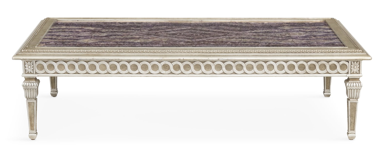 Silver-Leaf and Amethyst-Top Coffee Table: Impressive Silver-Leaf and Amethyst-Top Coffee Table mid-20th century, the framed top with a bookmatched amethyst quartz slab, raised on carved legs. h. 18", w. 66-1/2", d. 35" Provenance: Christie's,