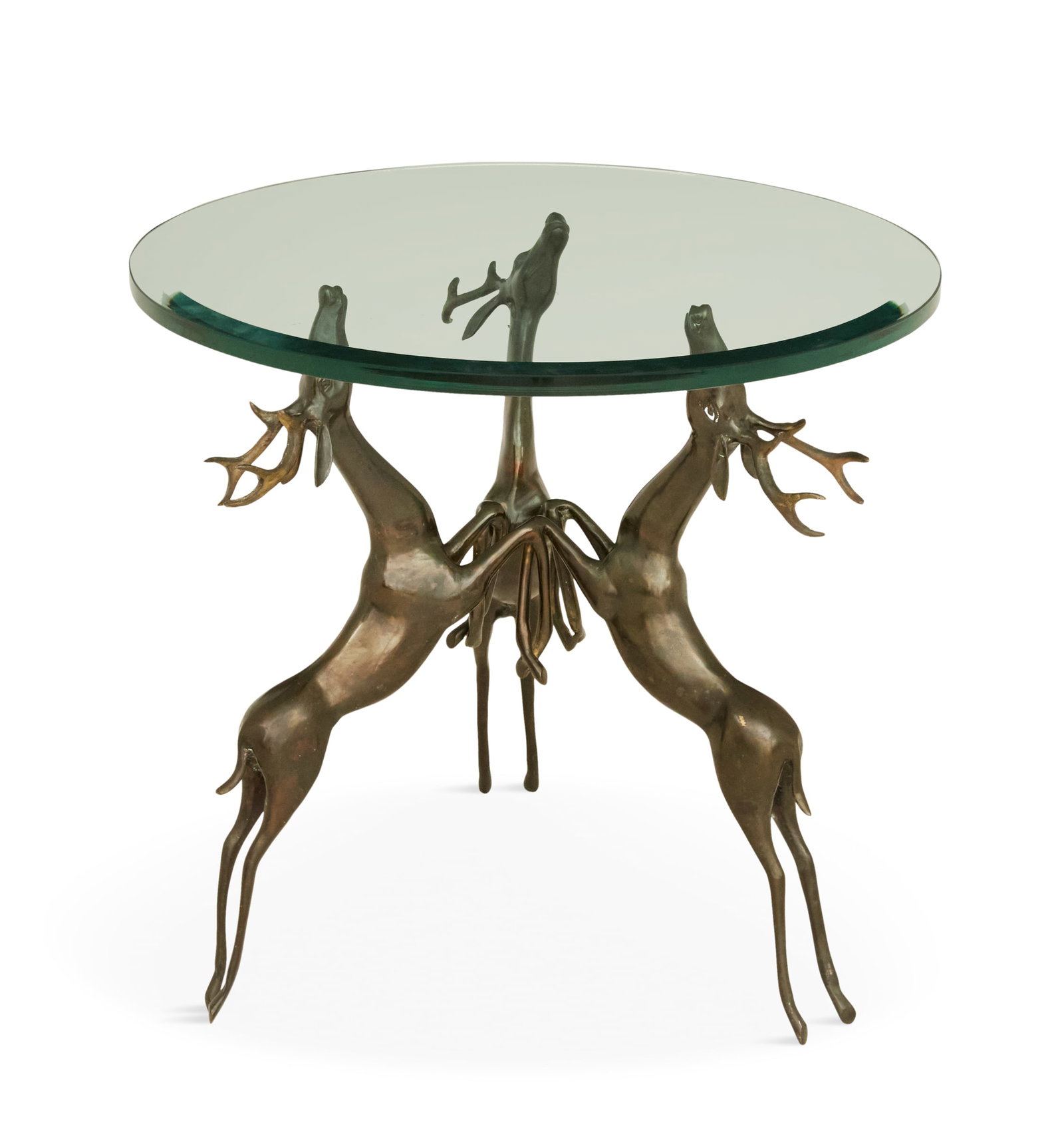 Unique Bronze Stag and Plate-Glass Side Table: Unique Bronze Stag and Plate-Glass Side Table 20th century, the circular plate-glass top with a beveled edge, over a base with three bronze leaping stags. h. 23-1/4", dia. 25"
