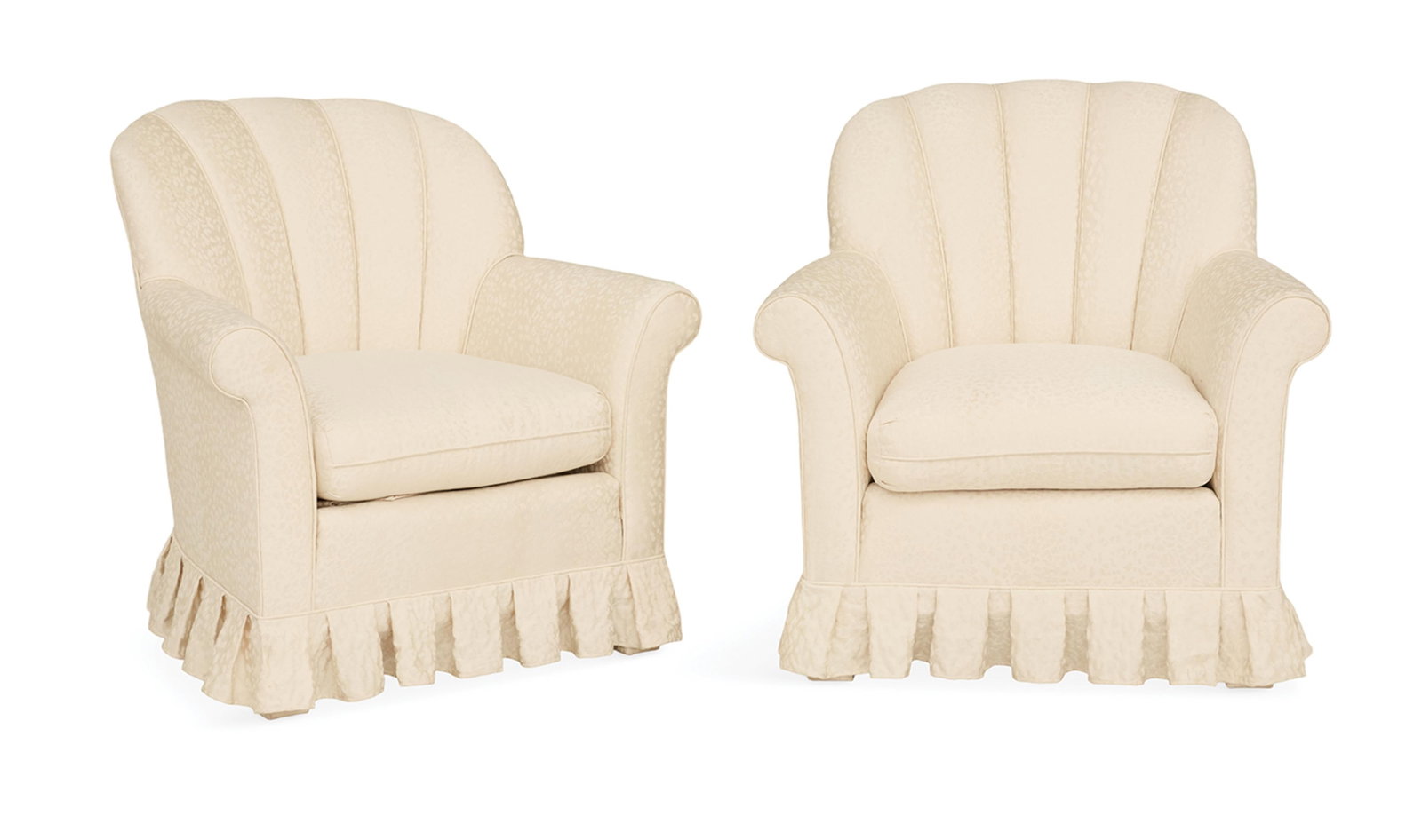 Pair of Art Deco-Style Overstuffed Lounge Chairs: Pair of Art Deco-Style Overstuffed Lounge Chairs the backs of tubular channel tufting, with out-curved arms and loose seat cushions. h. 34", seat h. 17-1/2", w. 33-1/2", d. 29"