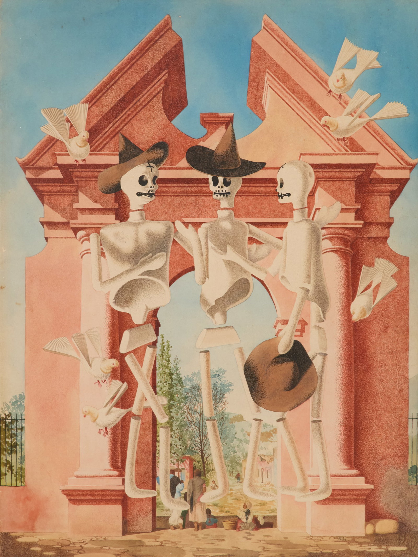 Alvyk Boyd Cruise (US/New Orleans, 1909-1988): Alvyk Boyd Cruise (American/New Orleans, 1909-1988) "Day of the Dead" watercolor on paper signed lower left. Matted, glazed and framed. sight 19" x 14-1/2", framed 28-1/4" x 22-1/4" Provenance: