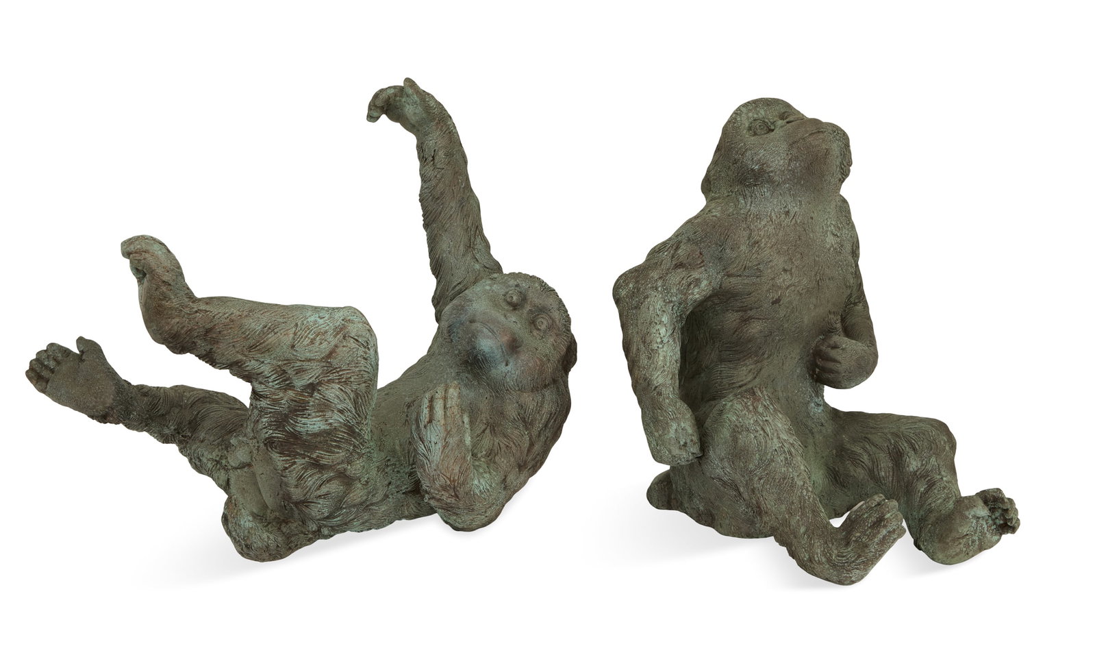 Pair of Verdigris Patinated-Bronze Sloths: Pair of Verdigris Patinated-Bronze Sloths the sloths with a green-patinated surface, poised for climbing. h. 21", w. 15", d. 16-1/2" and h. 21-1/2", w. 20", d. 22-3/4"