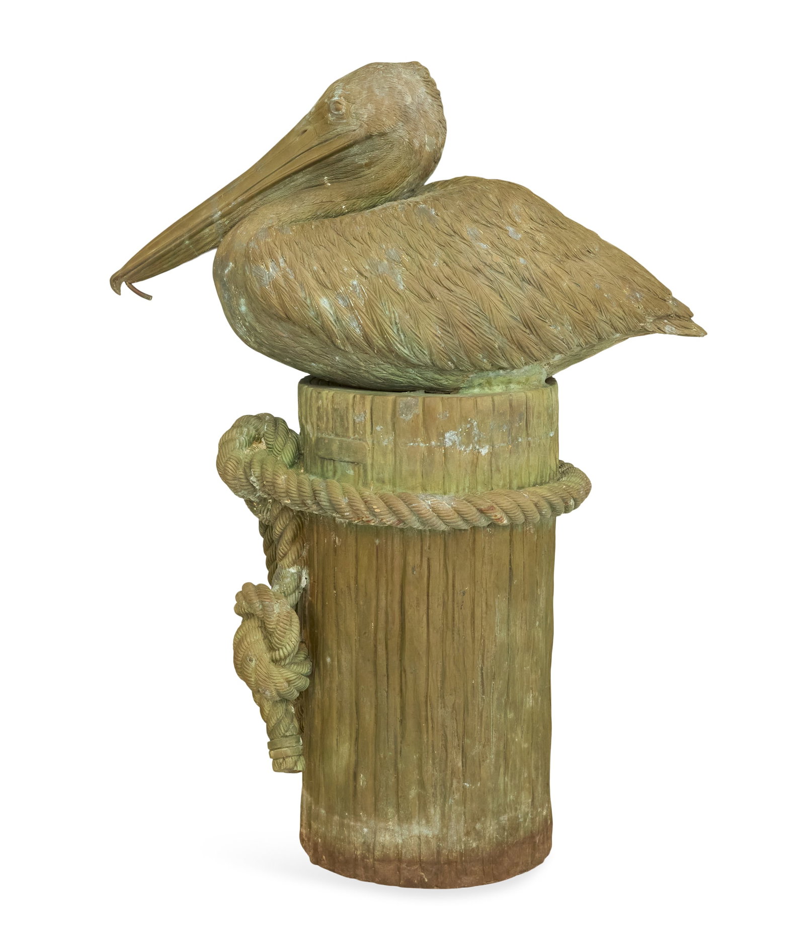 Large Bronze Pelican-Form Fountain: Large Bronze Pelican-Form Fountain the green-patinated-bronze fountain with a pelican sitting on a dock pole, with a rope tied around it, its beak piped for water. h. 58-1/2", w. 41", d. 18"