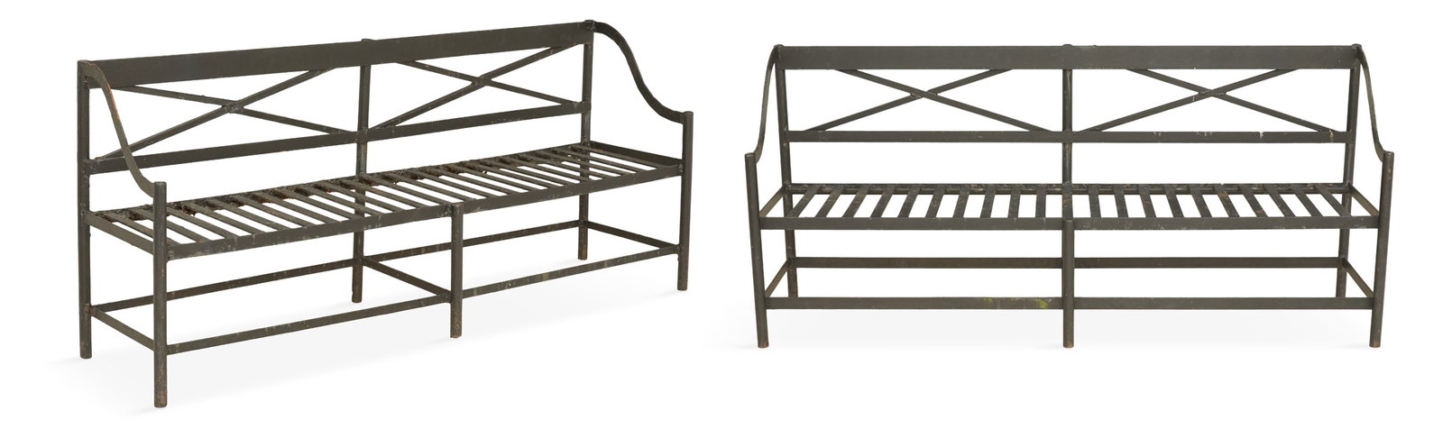 Pair of Black Iron Benches: Pair of Black Iron Benches 20th century, of classical inspiration, with cylindrical stiles and front legs, set with double X-form backs, slatted seats and curved arms. h. 33-1/2", w. 74-1/2", d. 20"