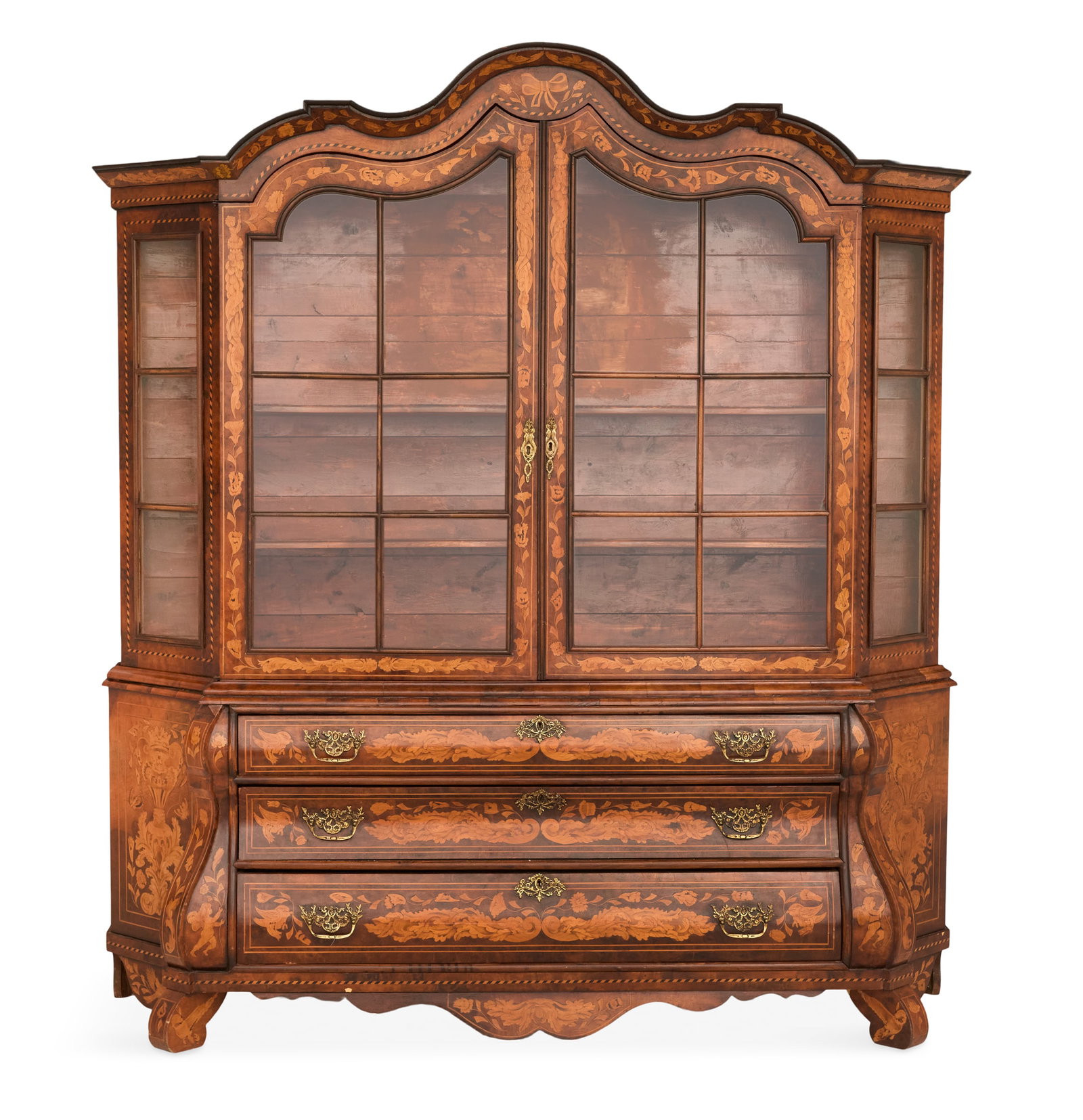 Dutch Mahogany and Marquetry Cabinet: Dutch Mahogany and Marquetry Cabinet 19th century, the molded and domed cornice above two astragal-glazed doors, the sides en suite, the lower section of kettle form and fitted with three long graduat