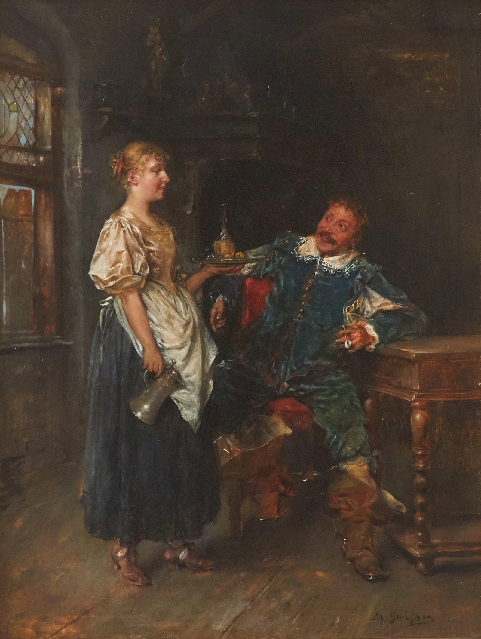 Max Gaisser (German, 1857-1922): Max Gaisser (German, 1857-1922) "Cavalier in a Tavern" oil on panel signed lower right, verso with a framer's label. In a period frame. 16" x 12-1/4", framed 27-1/2" x 23-1/2"