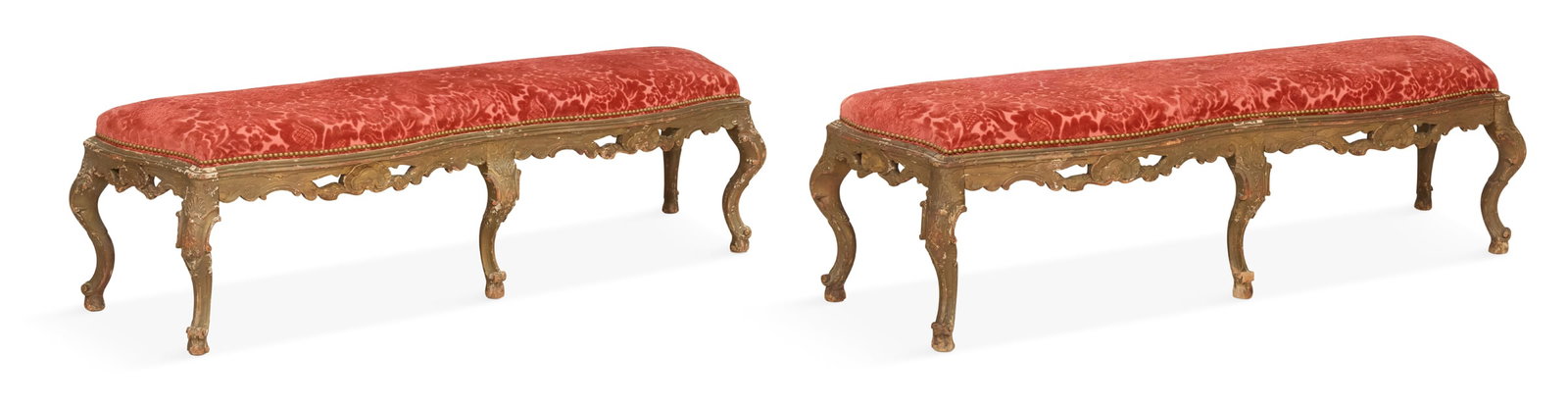 Pair of Louis XIV-Style Polychrome Benches: Pair of Louis XIV-Style Polychrome Benches 19th century, the shaped and padded rectangular seat above a conforming pierced foliate shell-carved frieze, raised on cabriole legs headed by foliate carvin
