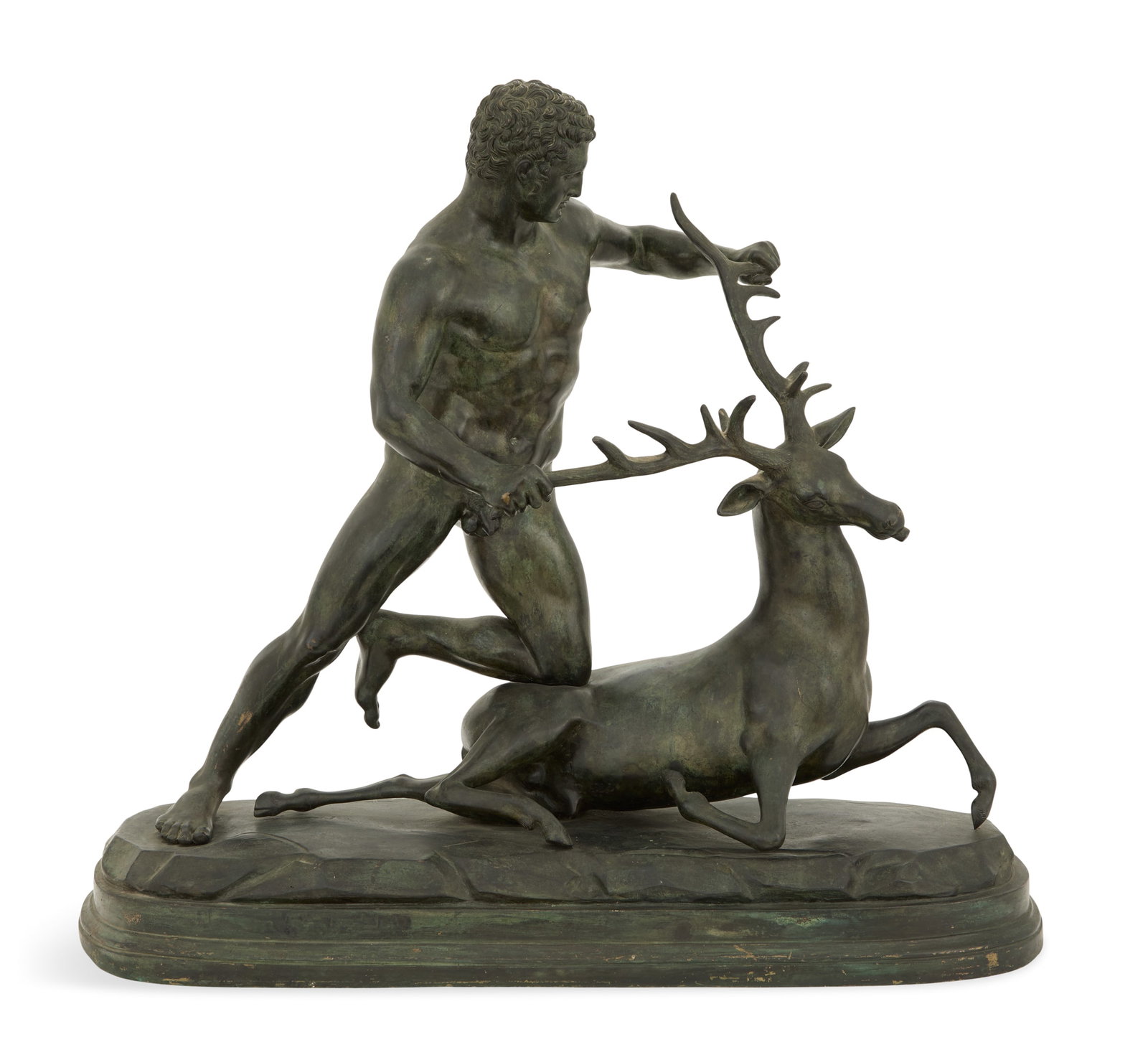 Bronze Fountain of "Capturing the Ceryneian Hind": Patinated Bronze Fountain of "Capturing the Ceryneian Hind" 20th century, depicting Hercules' third labor, the magical deer with golden horns and bronze hooves, the deer's mouth piped for water. h. 25