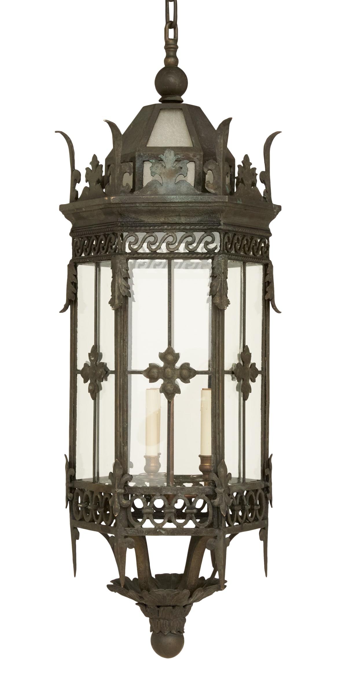 Patinated-Bronze Lantern: Patinated-Bronze Lantern of Mediterranean Inspiration with a fleurs-de-lis crest, the side divided into "panes" with square center medallions, the edges decorated with leaves and fleurs-de-lis, and th