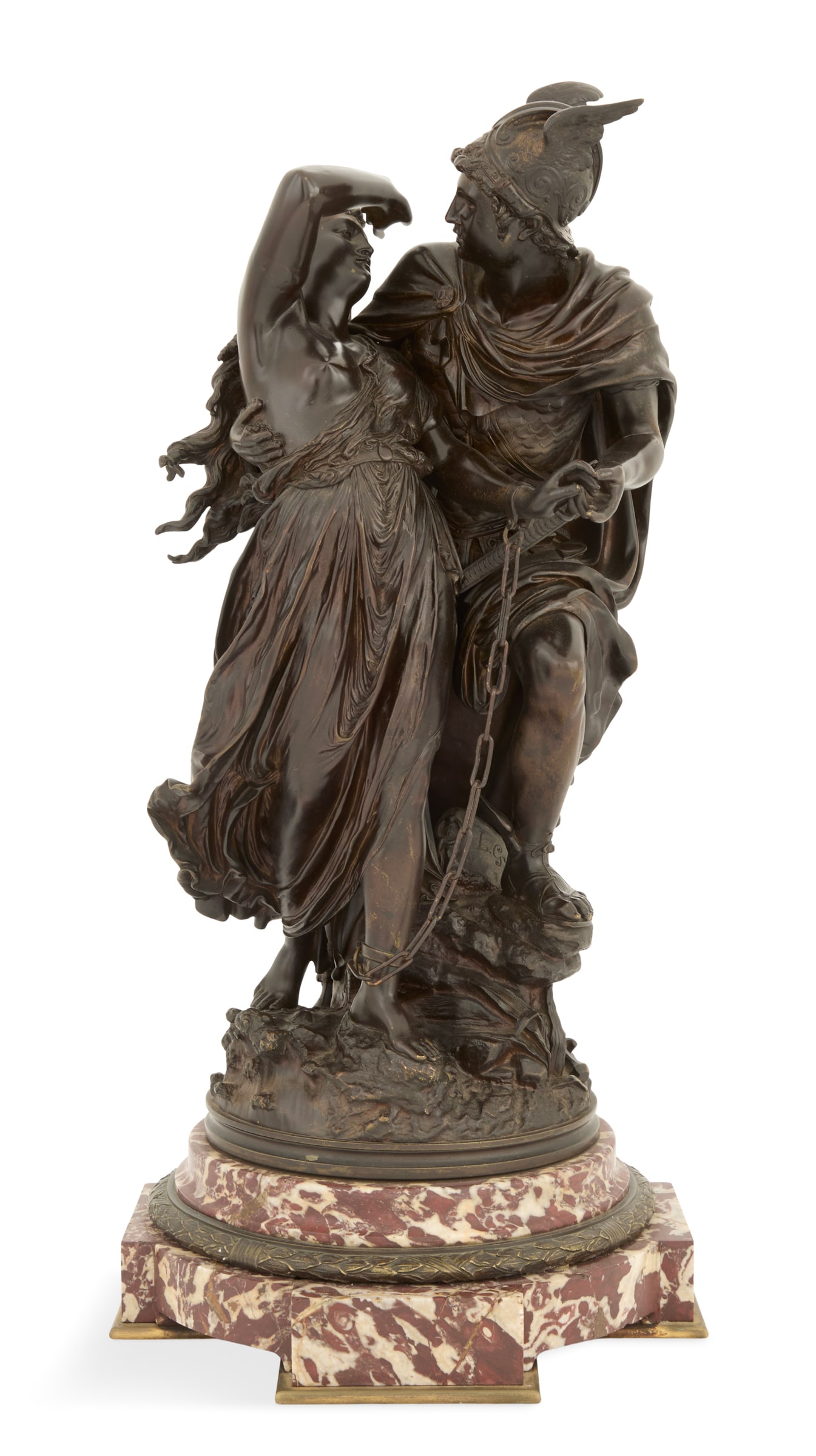After Jean-Louis Gregoire (French, 1840-1890): After Jean-Louis Gregoire (French, 1840-1890) "Perseus and Andromeda" patinated bronze cast signature on rock under Perseus, the revolving figure on a Breccia Pontifica marble cove-molded base with br