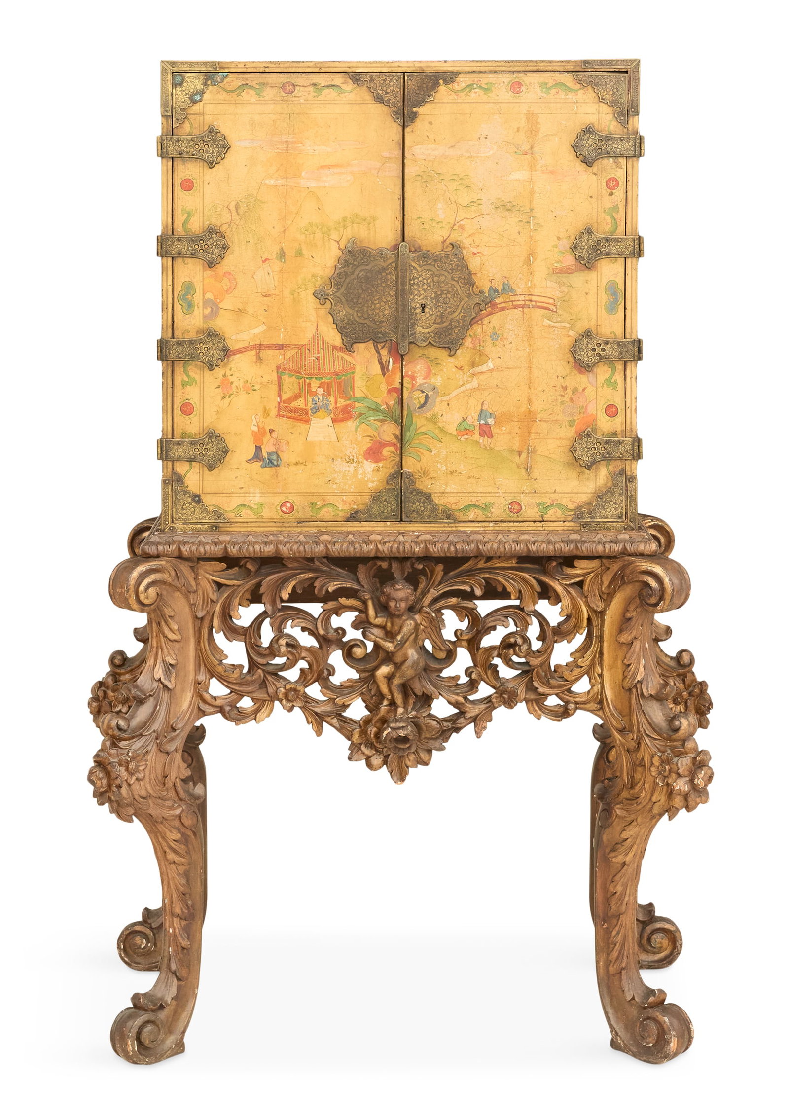 Baroque Chinoiserie Cabinet on Stand: Baroque Chinoiserie Cabinet on Stand 18th century, the upper case with chased brass mounts and lock plate, with a pair of doors opening to a red-lacquered interior fitted with ten drawers, on an elabo