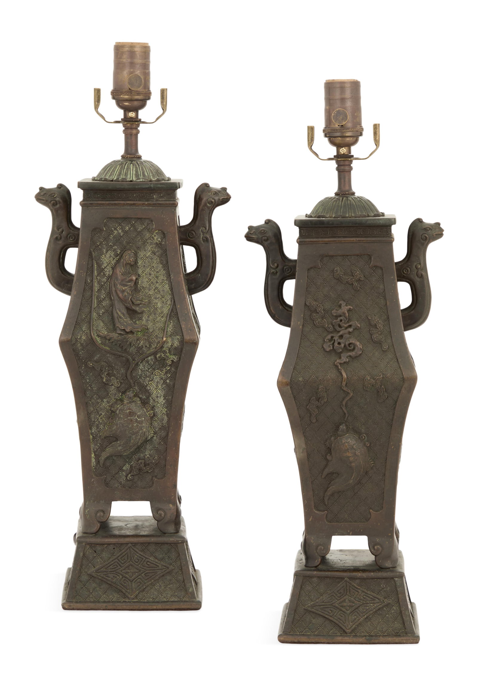 Pair of Unusual Patinated-Bronze Vase Lamps (1 of 2)