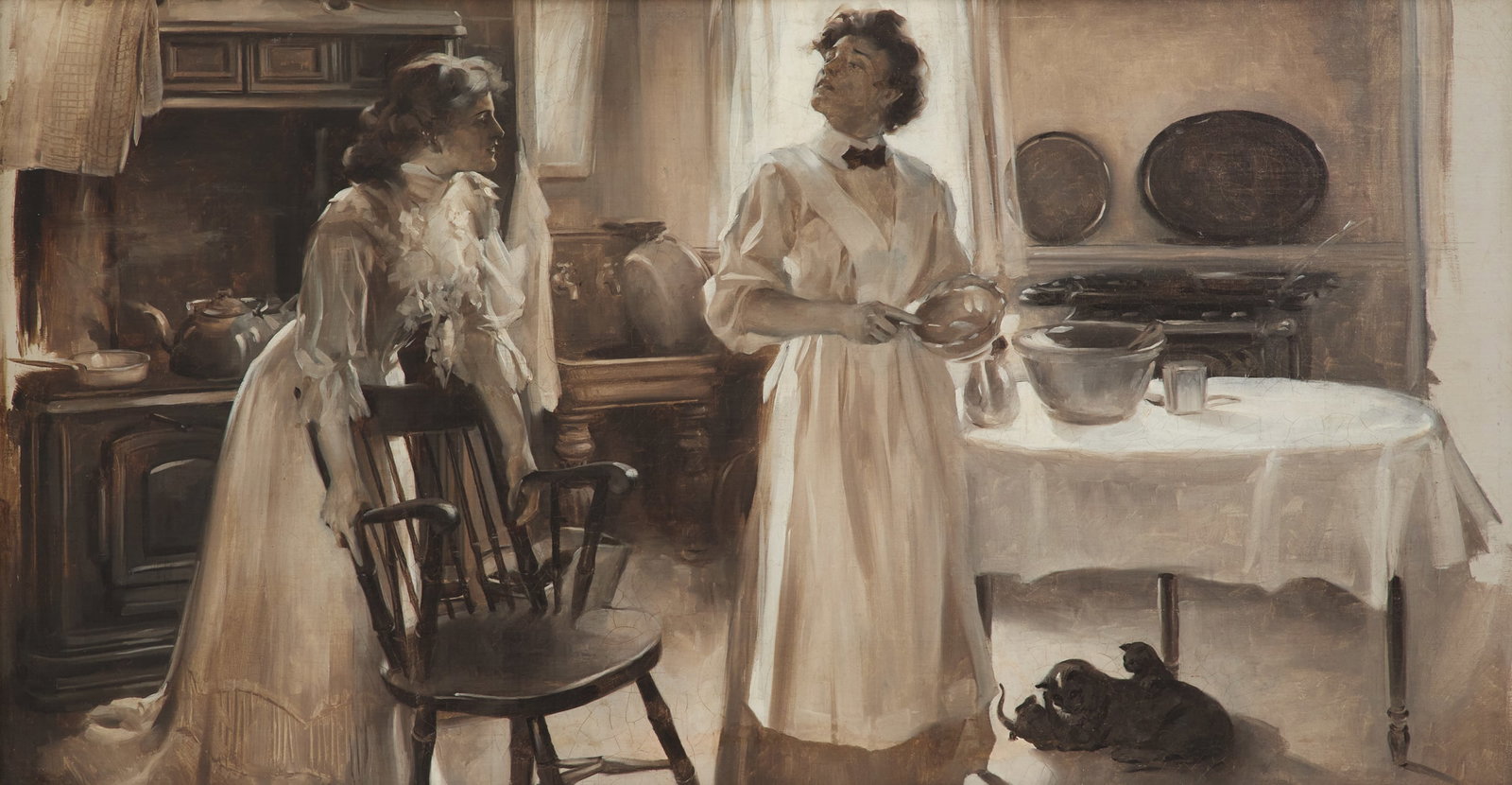 British School (ca. 1900): British School ca. 1900 "Downstairs Drama" oil on canvas unsigned. Framed. 23" x 44", framed 30-1/2" x 50-1/4"
