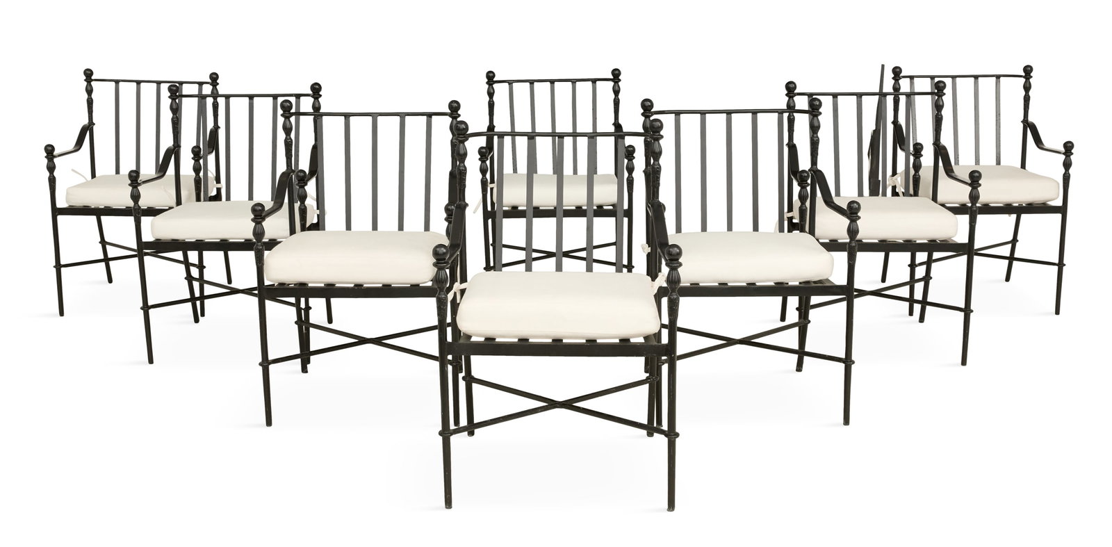 Eight Michael Taylor "Montecito" Dining Chairs: Eight Michael Taylor "Montecito" Metal Dining Chairs the chairs with turned rear stiles supporting a curved back with vertical supports, the woven seats supported by scrolled arms set into the front l