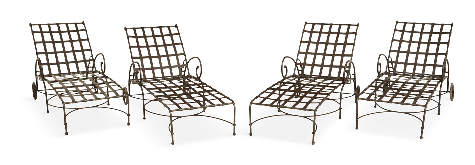 Four Brown Jordan "Florentine" Chaise Lounges: Four Brown Jordan "Florentine" Chaise Lounges 20th century, designed by Richard Frinier (American, b. 1946), the taupe metal set with woven backs and seats, scrolled arms and curule stretchers, the re