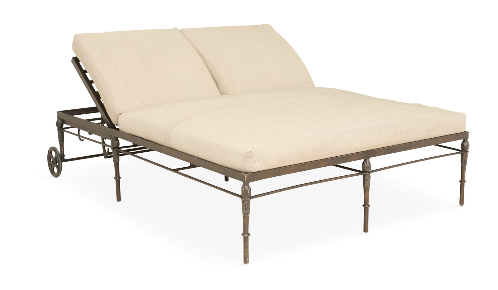 Michael Taylor "Montecito" Double Chaise Lounge: Michael Taylor "Montecito" Double Chaise Lounge the metallic metal frame with a woven adjustable back and seat, set on reeded and leaf-molded tapered legs, set with rear casters and fitted with cushio