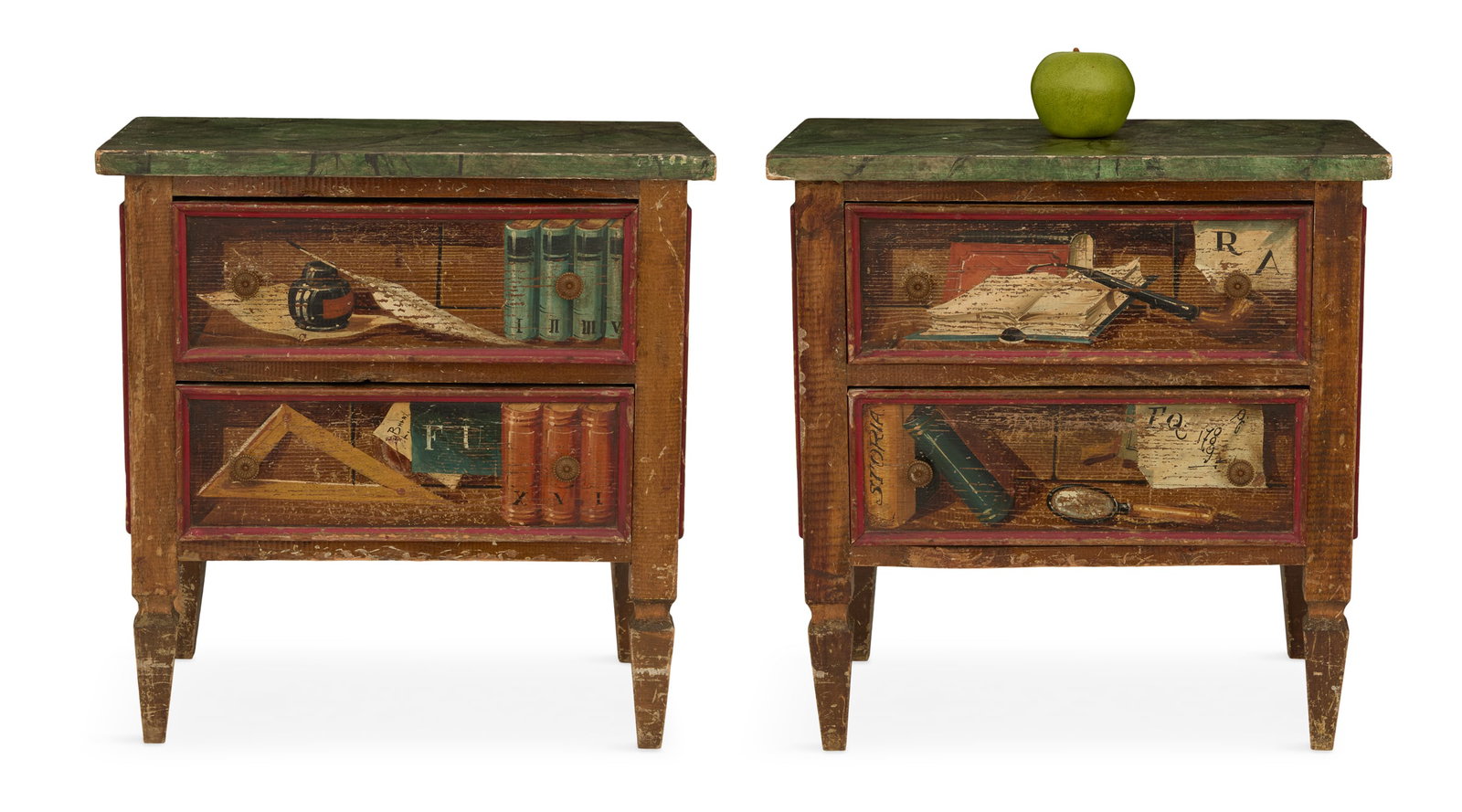 Pair of Trompe-L'oeil-Painted Miniature Chests: Pair of Italian Trompe-L'oeil-Painted Miniature Chests 20th century, each with a faux malachite top over a case with two drawers painted with writing implements, the sides with hanging hooks and a com