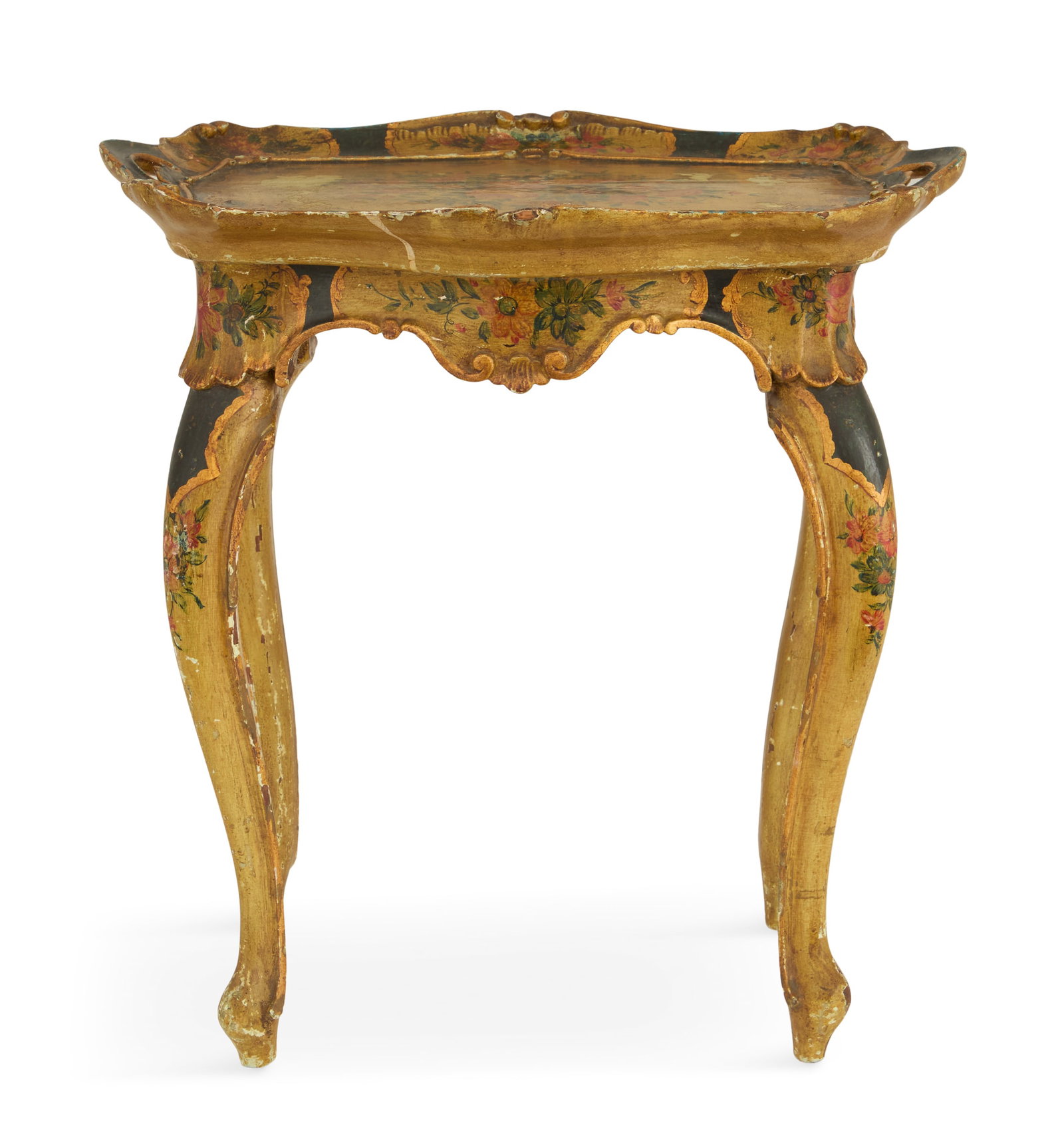 Italian Diminutive Tray-Top Side Table: Italian Diminutive Tray-Top Side Table 20th century, the removable tray with cut-out handles and floral-painted scenes, set on a base with cabriole legs and like-painted decor. h. 18-3/4", w. 18-1/2",
