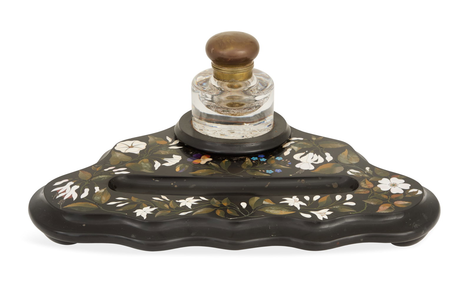 Large Italian Pietra Dura Encrier: Large Italian Pietra Dura Encrier late 19th century, the triangular-shaped encrier with scrolled sides and molded edges, inlaid with morning glories, pansies and dogwood, set with a large glass inkpot
