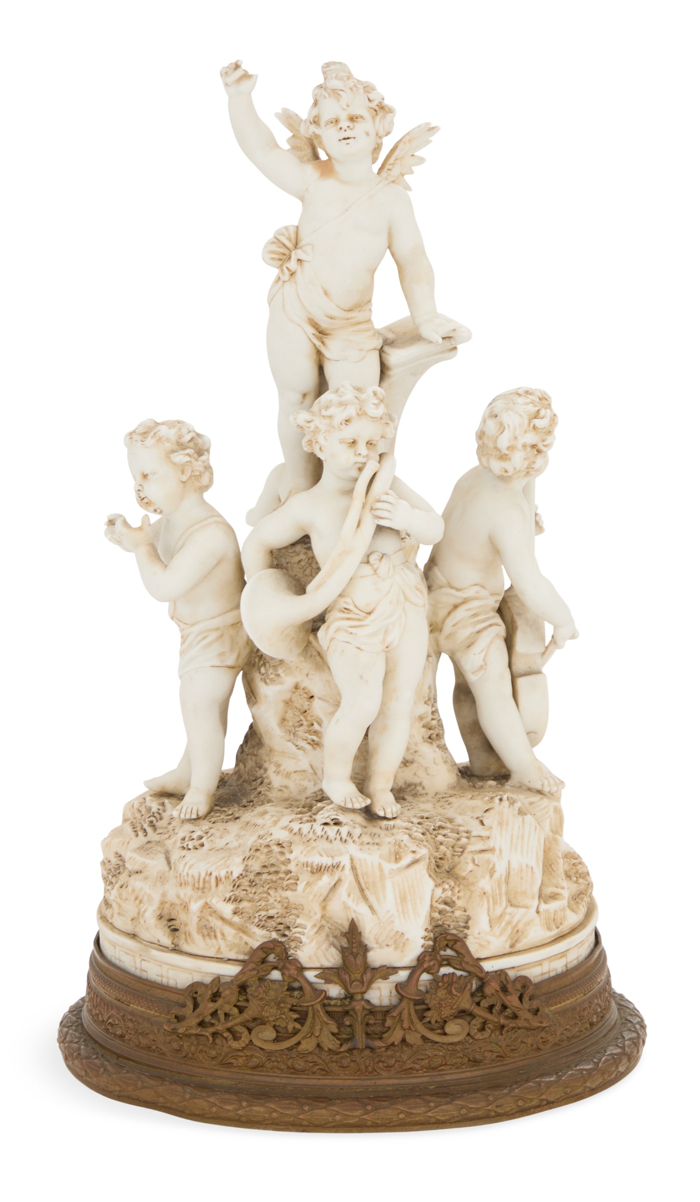 German Biscuit Figure of Musical Cherubs: German Biscuit Figure of Musical Cherubs late 19th century, the cherubs singing and playing musical instruments, set into a molded bronze base, with an unidentified blue mark. h. 11", dia. 5-1/2" Prov