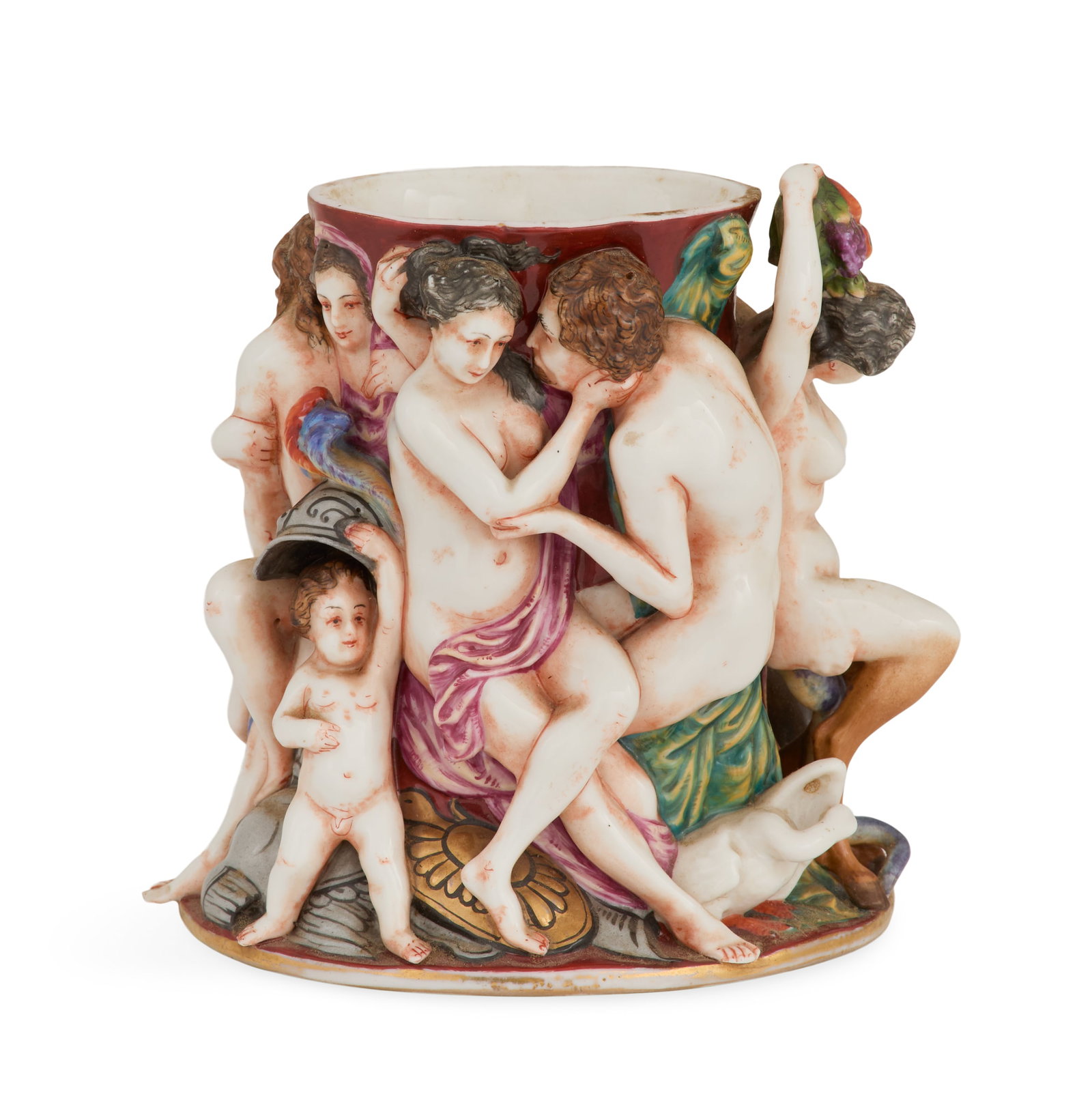 Unusual Carl Thieme Porcelain Figural Spill Vase: Unusual Carl Thieme Porcelain Figural Spill Vase ca. 1900, in the Capodimonte style, with molded Bacchanalian figures, the base with an underglaze blue crowned "N" mark. h. 4-3/4", w. 4-3/4", d. 3-1/4